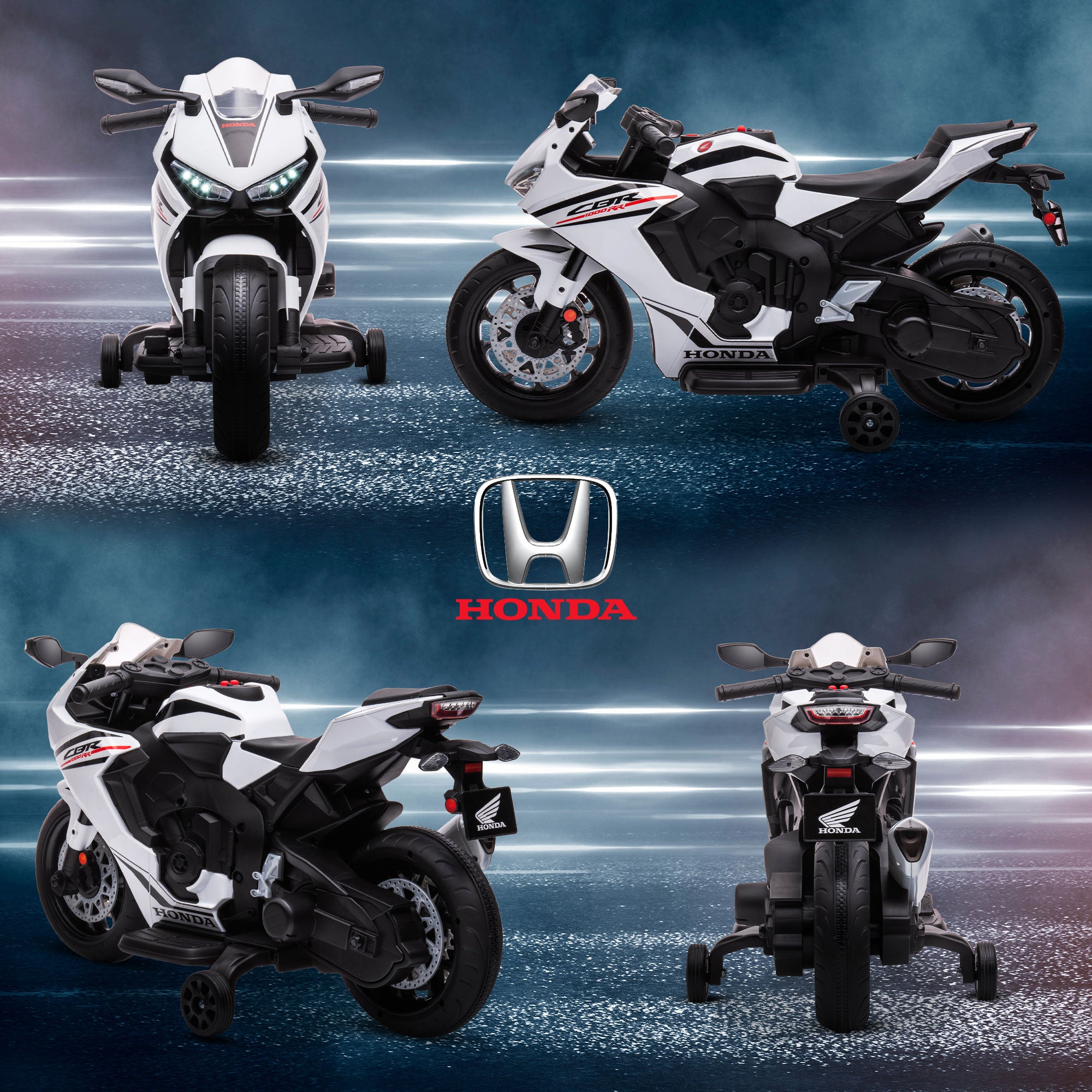 HOMCOM 6V Honda Licensed Kids Motorcycle w/ Music, Training Wheels - White - North Peak Garden Furniture