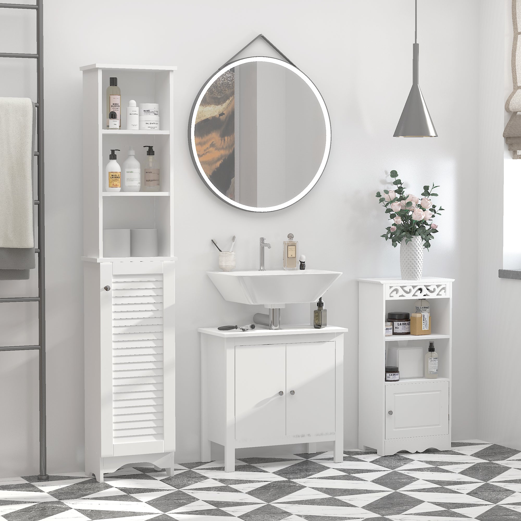 HOMCOM Tall Bathroom Cabinet Storage Cupboard Floor Standing Home Bathroom Furniture w/ 6 Shelves 165H x 34W x 20D cm White - North Peak Garden Furniture