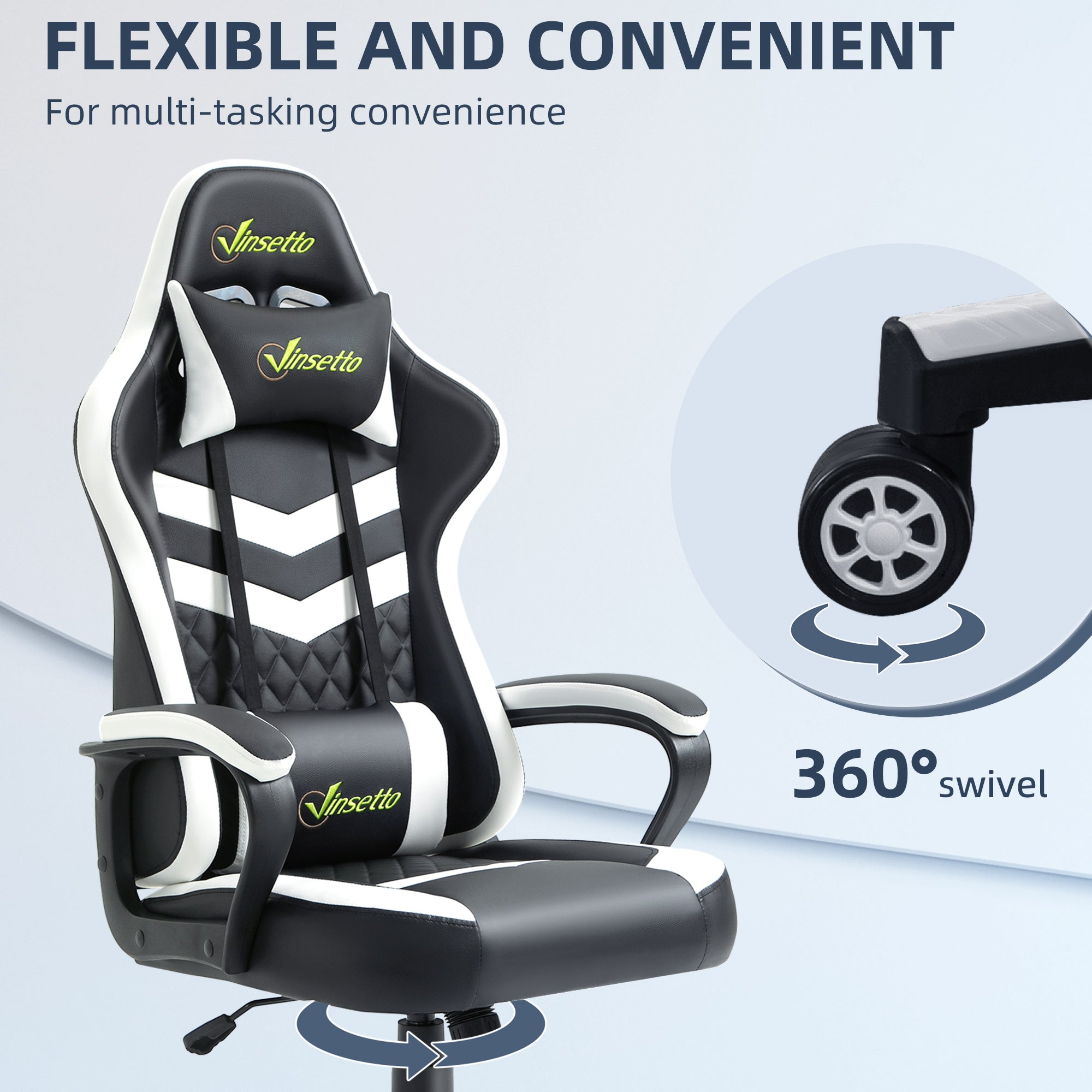 Vinsetto Gaming Chair, Computer Desk Chair with Lumbar Support, Faux Leather Racing Chair with Headrest and Swivel Wheels for Home Office, Black White - North Peak Garden Furniture
