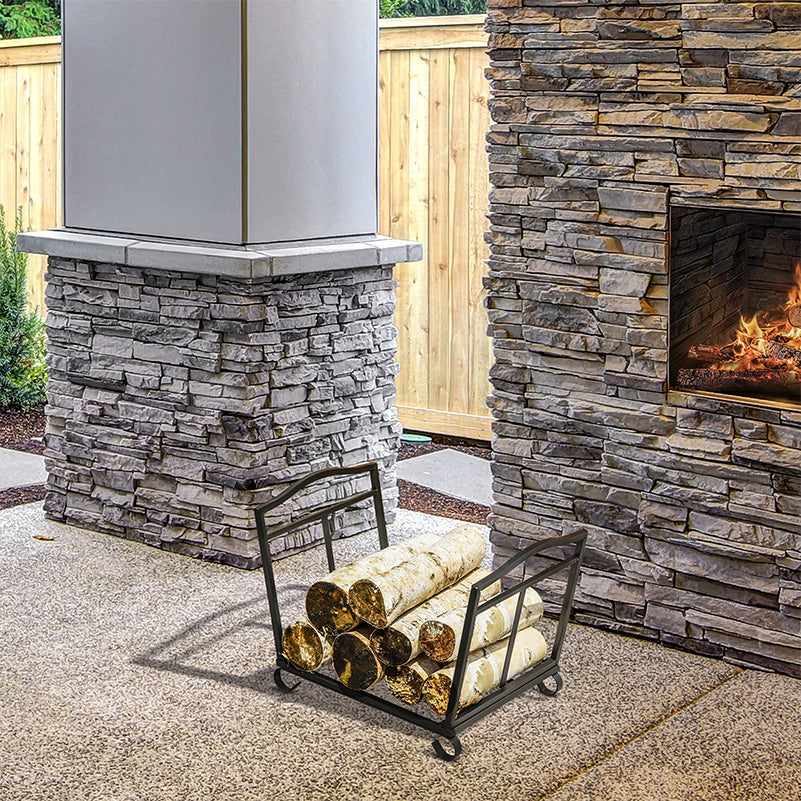 Outsunny Metal Firewood Log Holder Indoor Outdoor Folding Firewood Rack Fireplace Wood Storage Shelf w/ Scrolls, Rust-Resistant, Black, 48L x 34W x 37Hcm - North Peak Garden Furniture