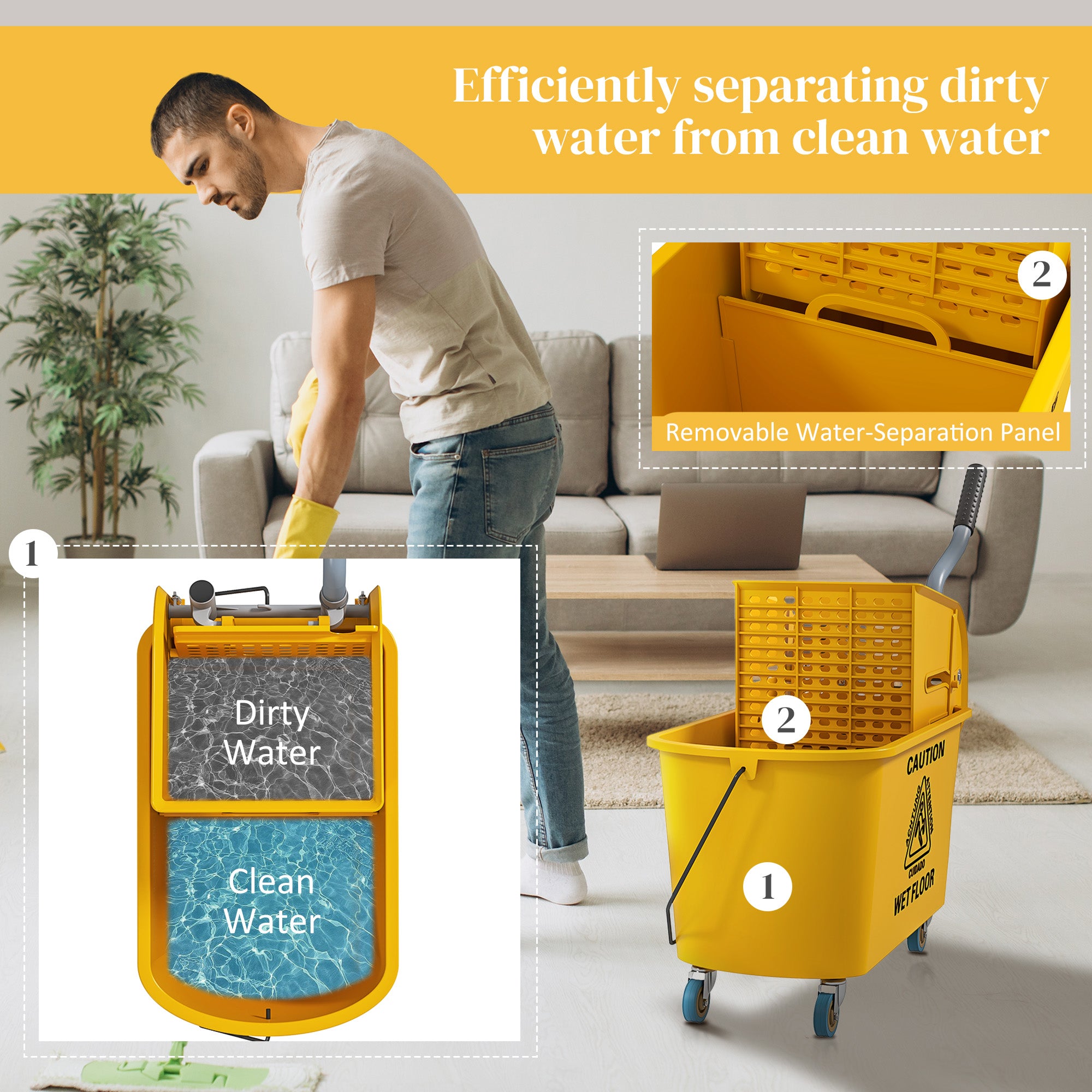 HOMCOM Mop Bucket with Wringer Set on Wheels for Floor Cleaning, 20 Litre Side Press Wringer with Handle and Mop, Yellow - North Peak Garden Furniture