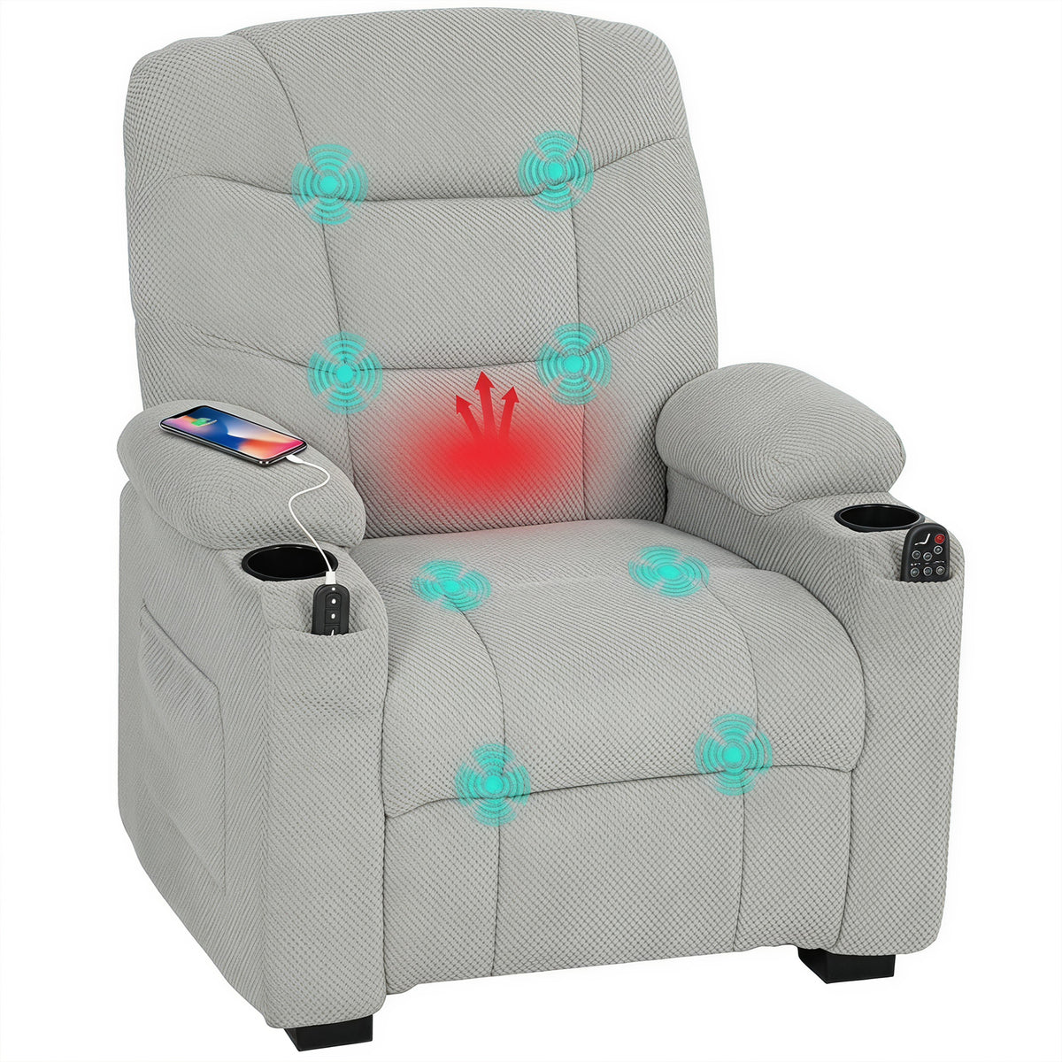 HOMCOM Electric Massage Recliner Armchair with Vibration, Heat, Whisper-Quiet Motor, Memory Function, Fleece Power Reclining Chair with Spring Pack, USB Port, Footrest, Side Pocket, Grey