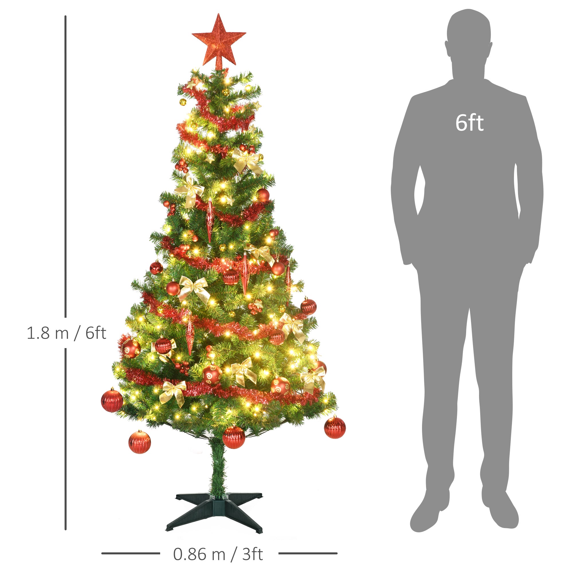 HOMCOM 6' Artificial Prelit Christmas Trees Holiday Décor with Warm White LED Lights, Auto Open, Tinsel, Ball, Star - North Peak Garden Furniture