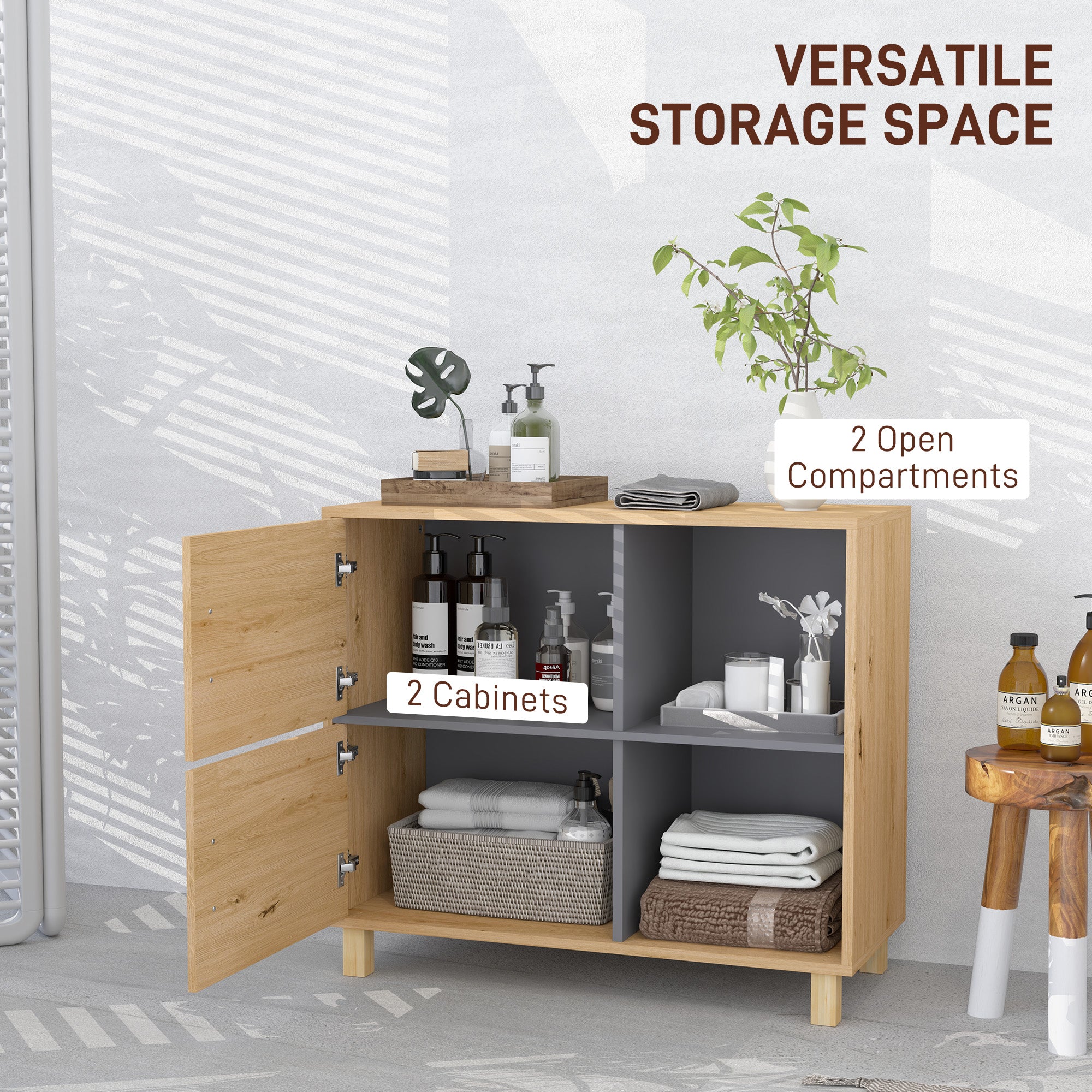 HOMCOM Bathroom Cabinet, Freestanding Bathroom Cabinet with Open Compartments and Double Doors - North Peak Garden Furniture