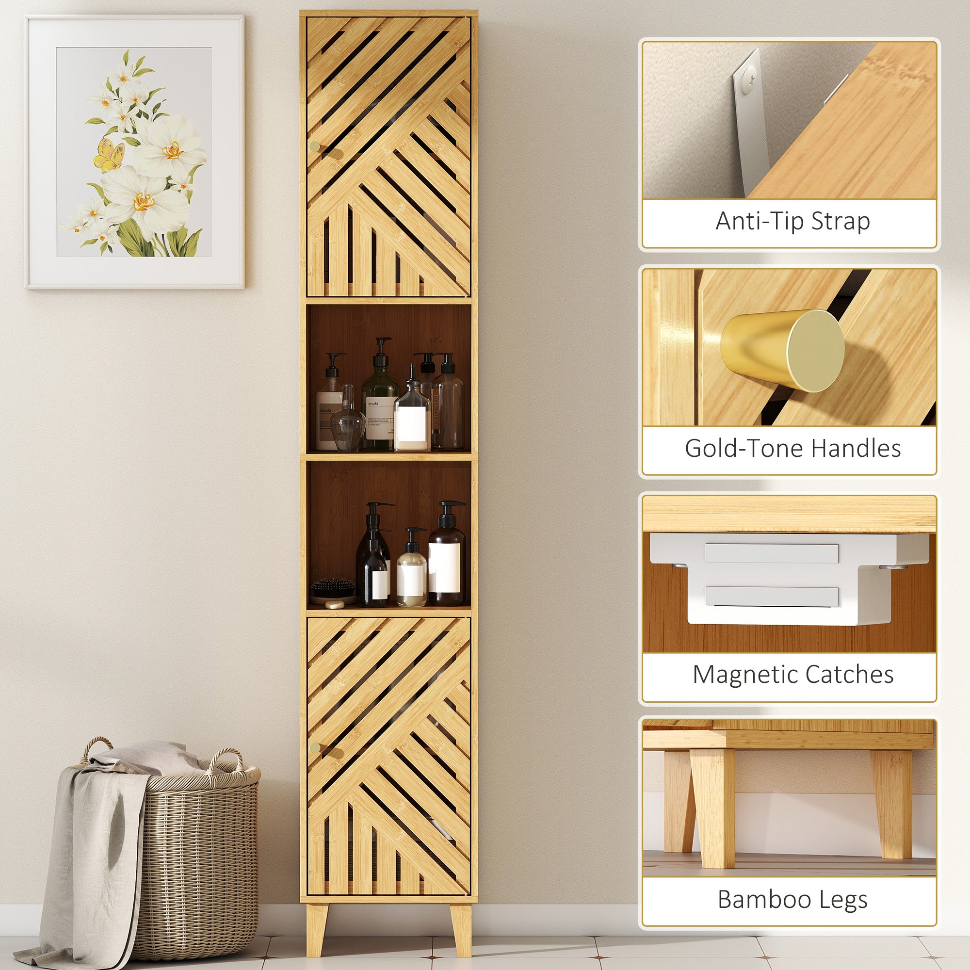 HOMCOM Multi-Storage Bamboo Door Bathroom Cabinet - Natural Finish