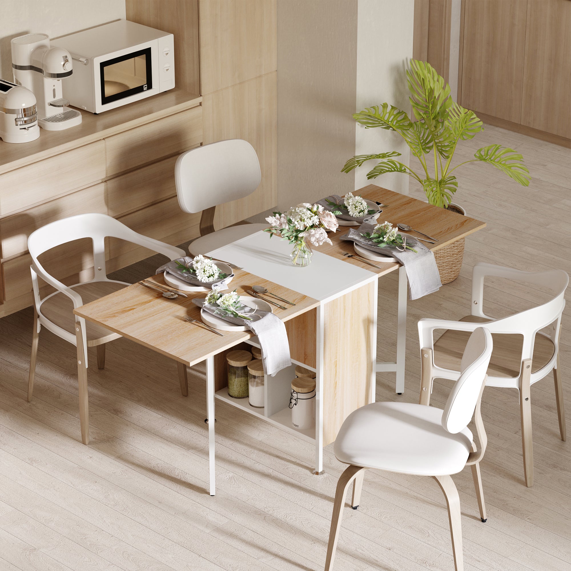 HOMCOM Foldable Drop Leaf Dining Table Folding Workstation for Small Space with Storage Shelves Cubes Oak & White