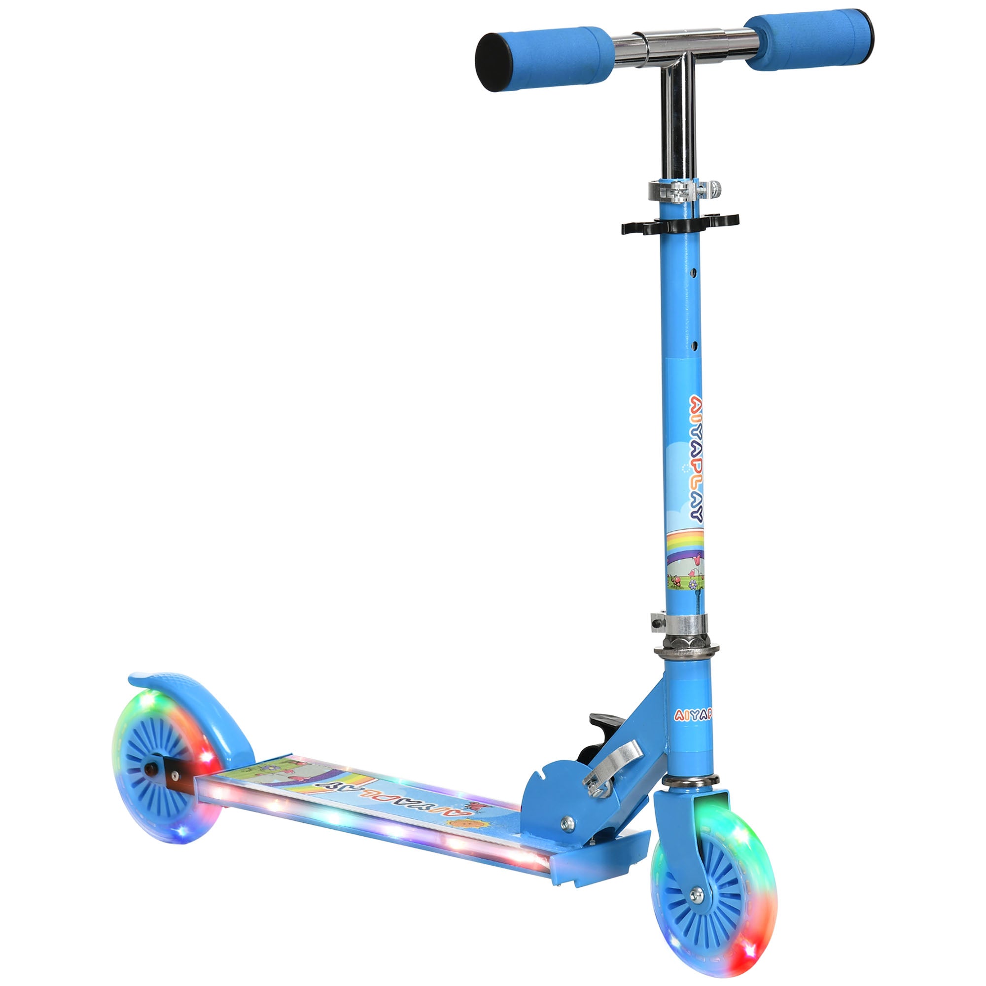 HOMCOM Kids Scooter, with Lights, Music, Adjustable Height, Foldable Frame, for Ages 3-7 Years - Blue - North Peak Garden Furniture