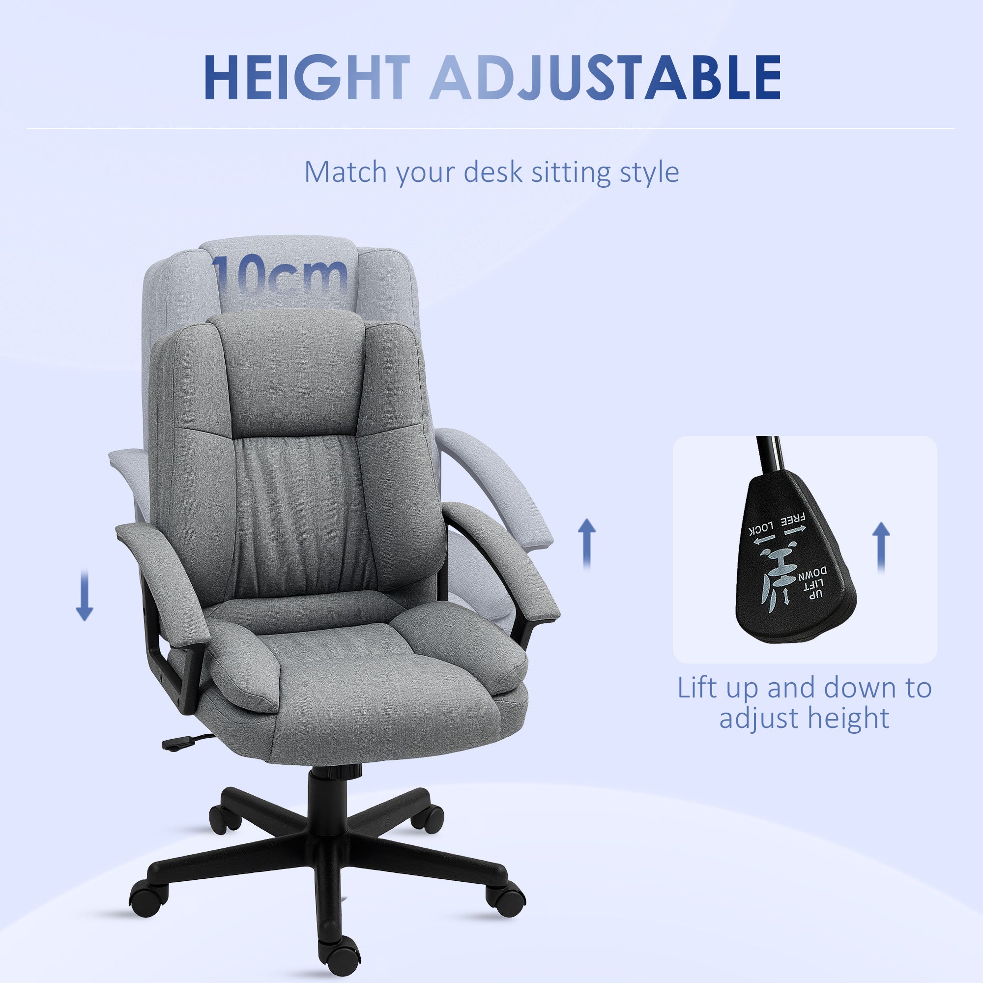 HOMCOM Linen-Look Padded Office Chair - Grey - North Peak Garden Furniture