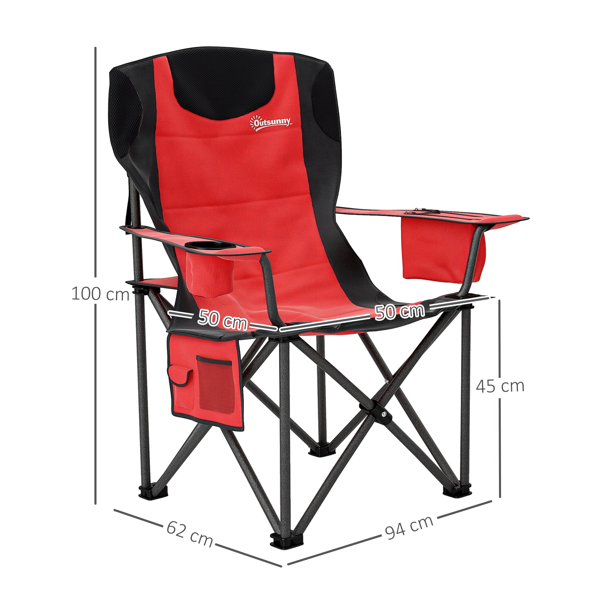 Outsunny Set of 2 Folding Camping Chairs, Padded Camping Chairs with Adjustable Armrests, Portable & Lightweight Folding Camp Chair with Cooler Bag, Cup Holder and Side Pockets, Red - North Peak Garden Furniture