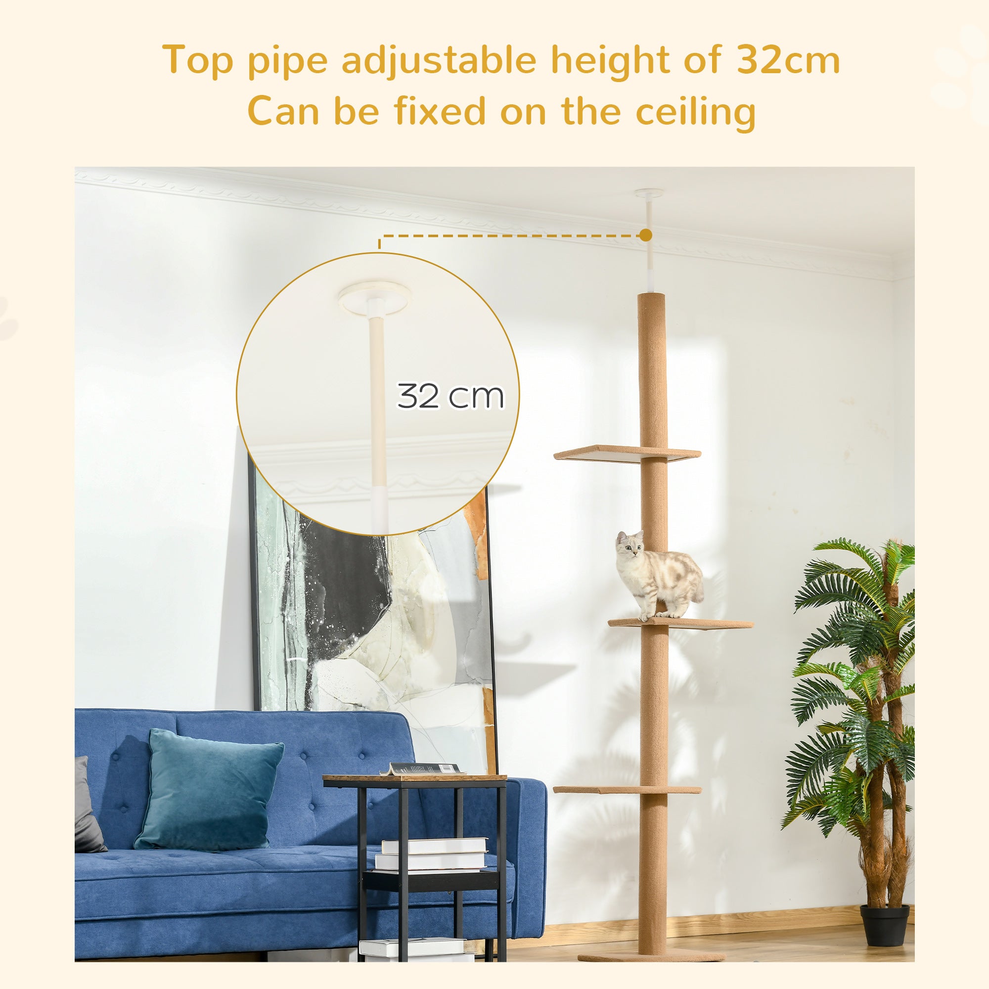 PawHut 260cm Floor To Ceiling Cat Tree for Indoor Cats w/ Three Platforms Activity Centre - Brown - North Peak Garden Furniture
