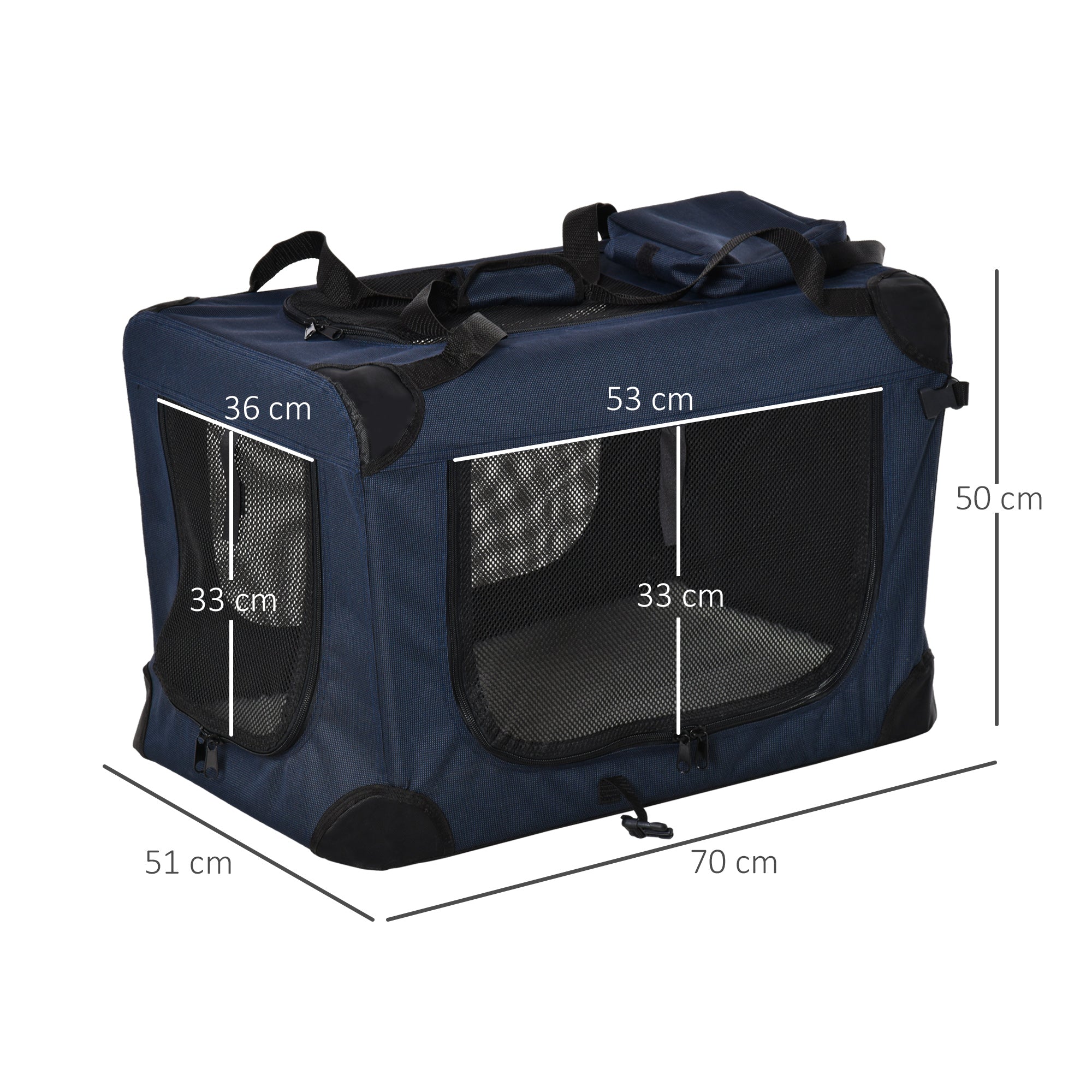 PawHut Foldable Pet Carrier for Small and Miniature Dogs, Portable Cat Carrier Soft Side Pet Travel Crate with Removable Mat, Storage Bags, Breathable Mesh 70 x 51 x 50cm - Dark Blue