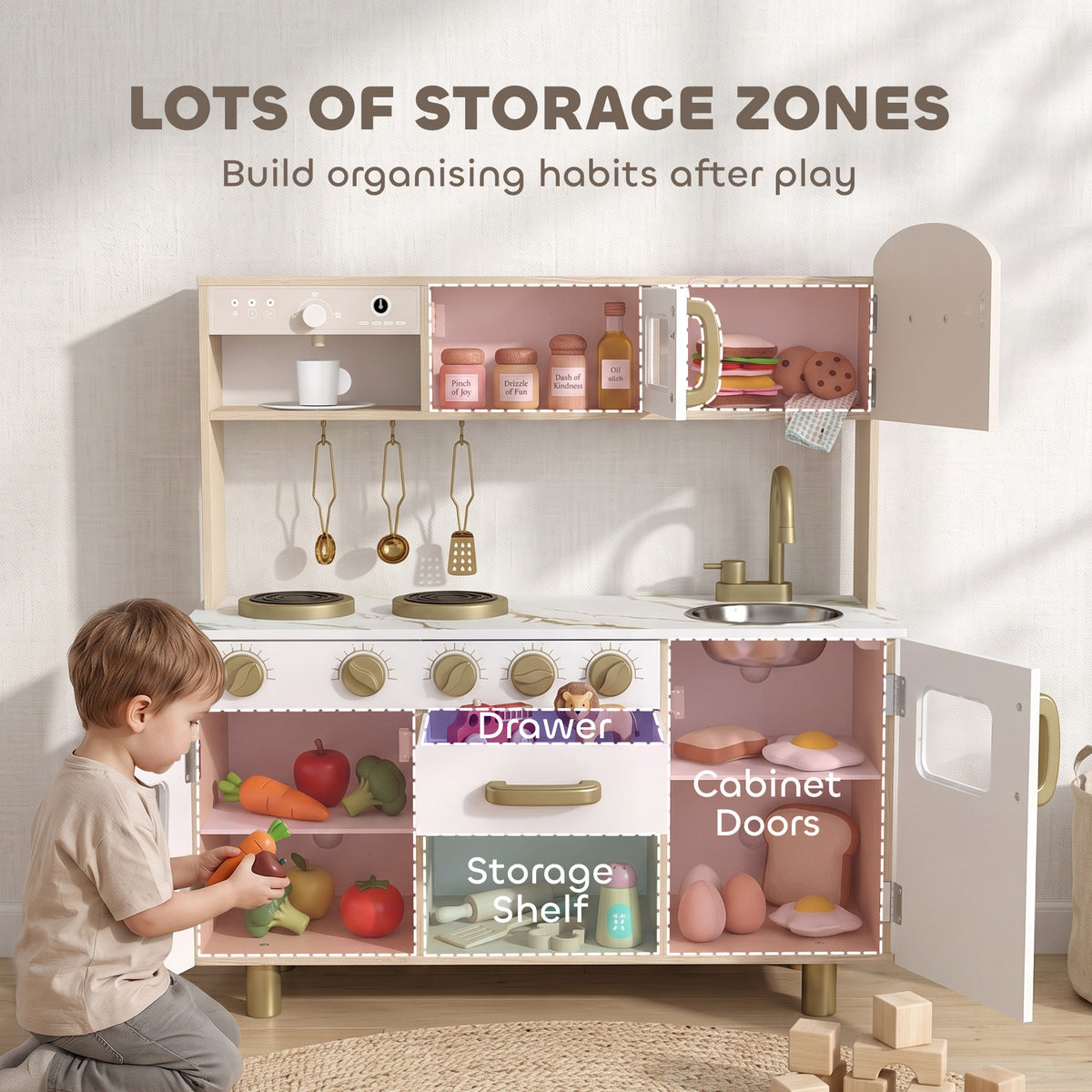 AIYAPLAY Play Kitchen, Kids Kitchen Playset with Rotating Coffee Machine, Storage Shelf, Stove, Gift for Kids 3-6 Years, White