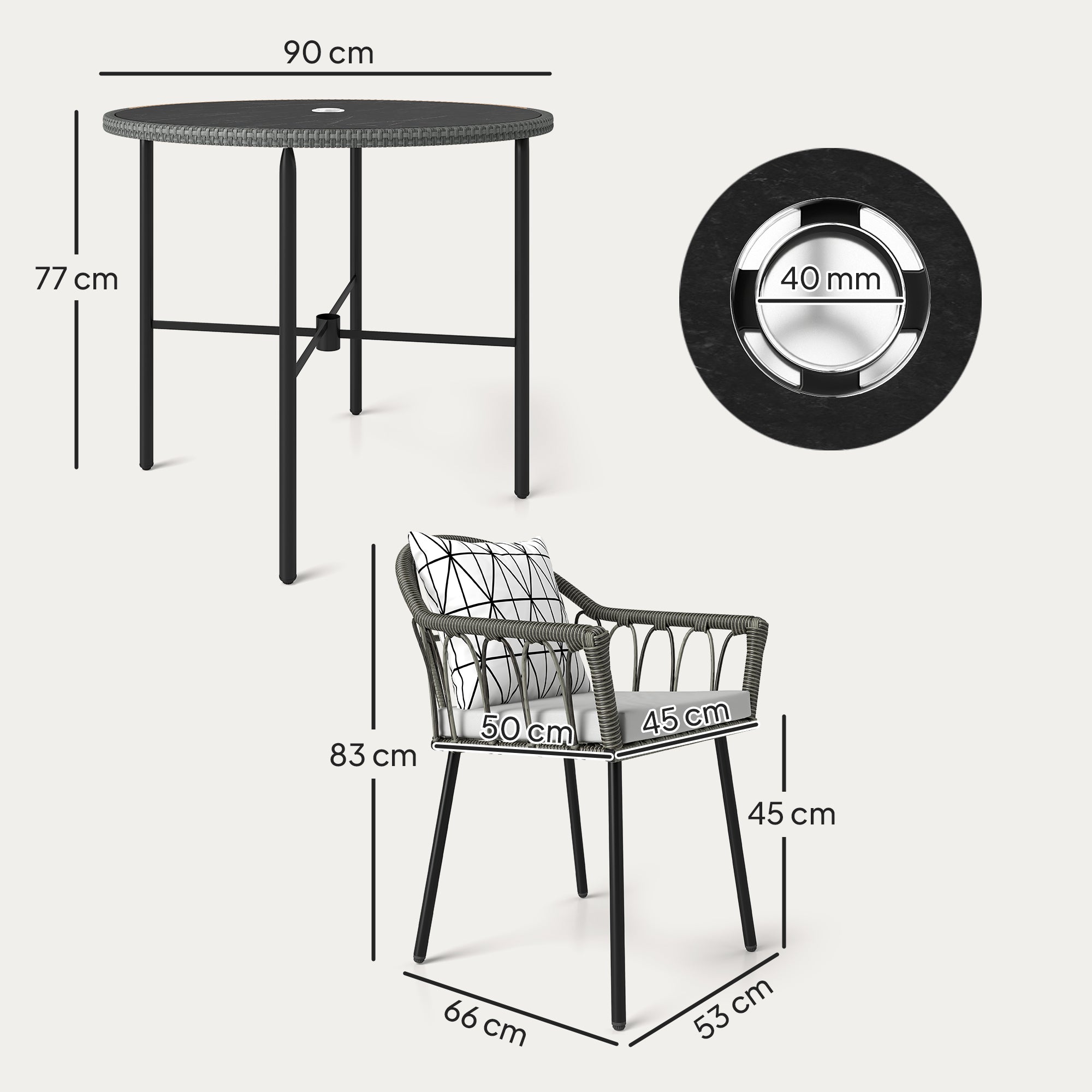 Outsunny 5 Piece Patio Rattan Dining Set, Wicker Garden Table and Chairs w/ Removable Seat & Back Cushions, Round Tempered Glass Tabletop, Parasol Hole, Outdoor Furniture Conservatory Set, Grey - North Peak Garden Furniture