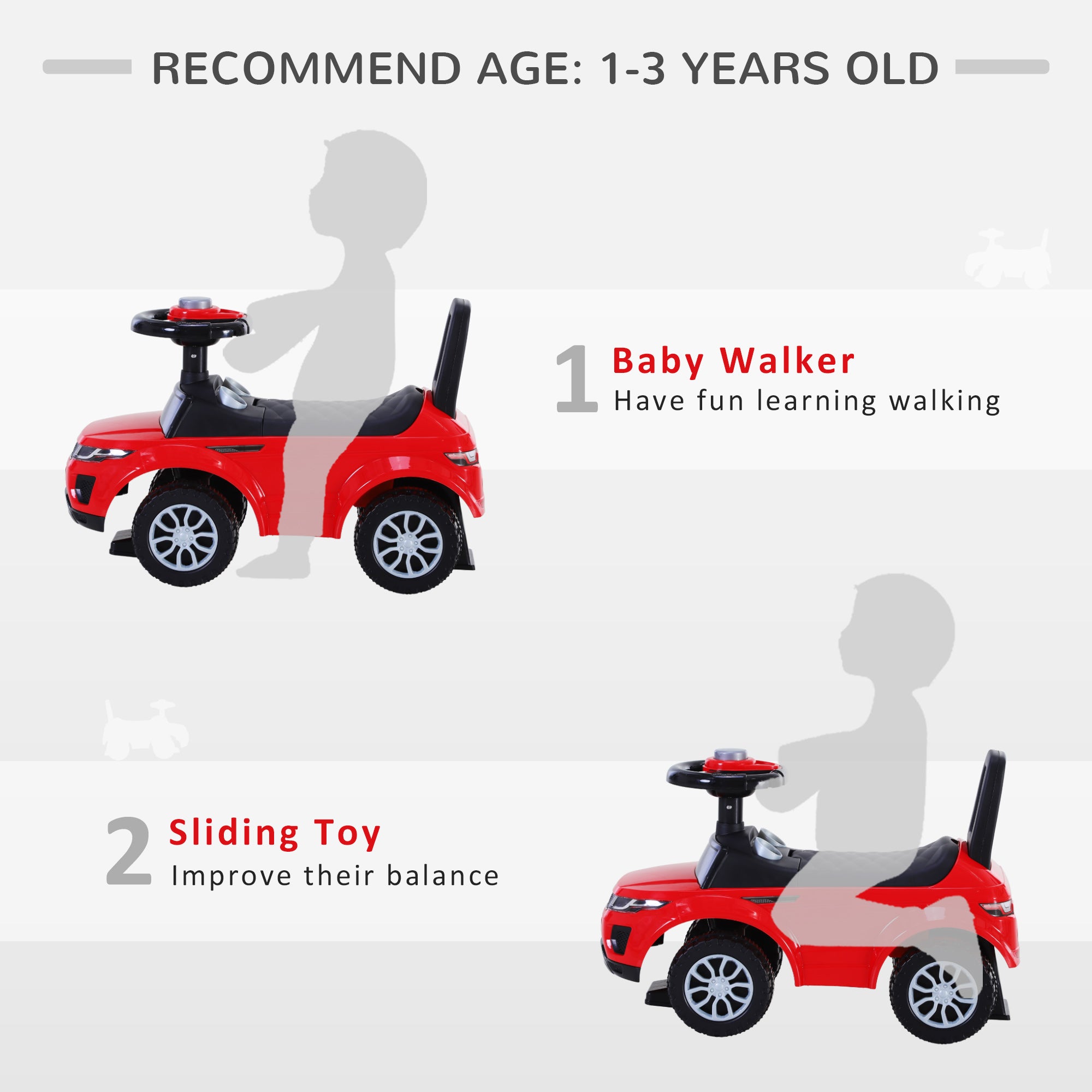 HOMCOM 3-in-1 Ride On Car Foot To Floor Slider Toddler w/ Horn Steering Wheel NO POWER Manual Under Seat Storage Safe Design for 1-3 Year Old Red - North Peak Garden Furniture