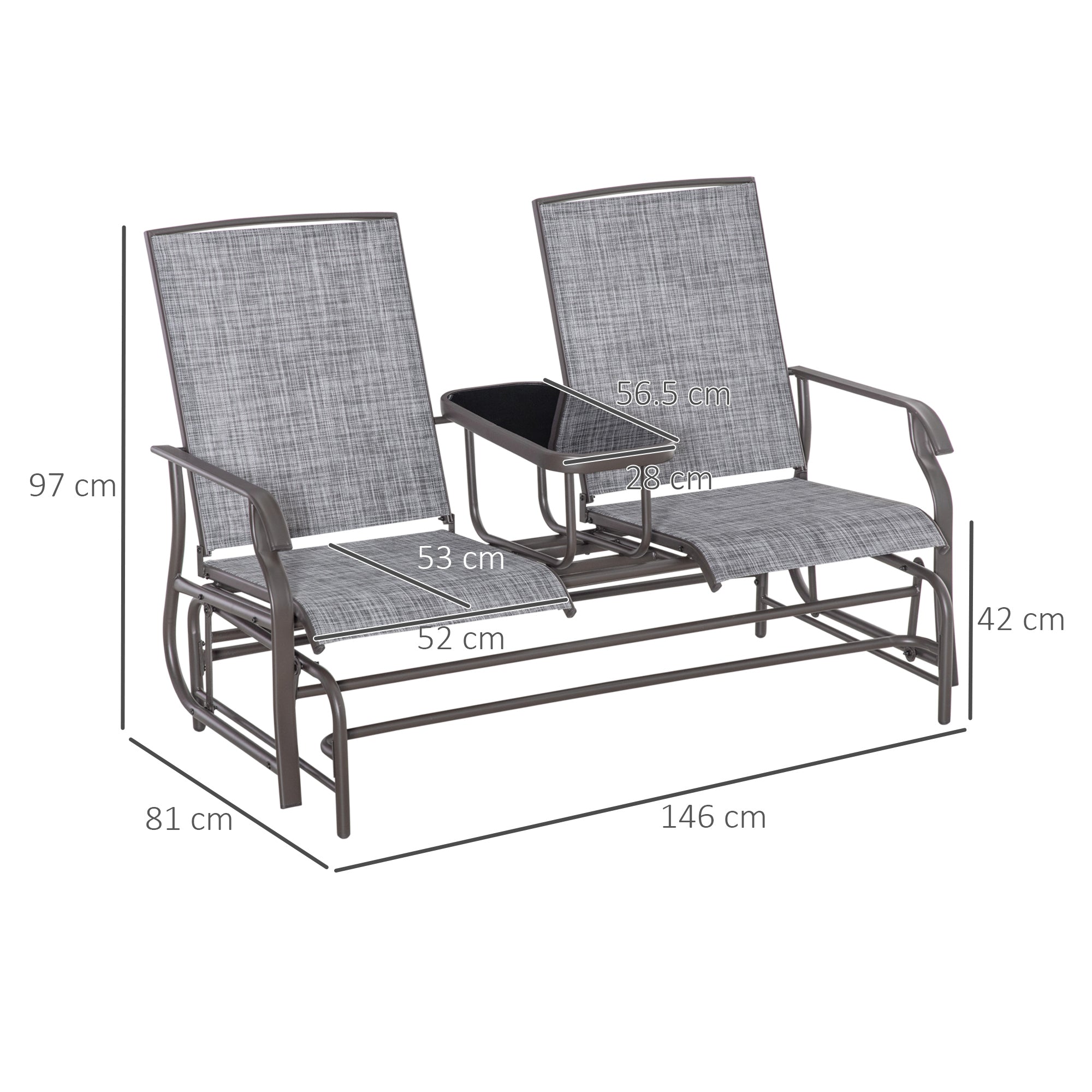 Outsunny 2 Seats Garden Glider Bench, Metal Frame Loveseat with Glass Top Centre Table, Porch Rocking Glider for 2 Person, for Deck, Patio, Brown/ Grey - North Peak Garden Furniture
