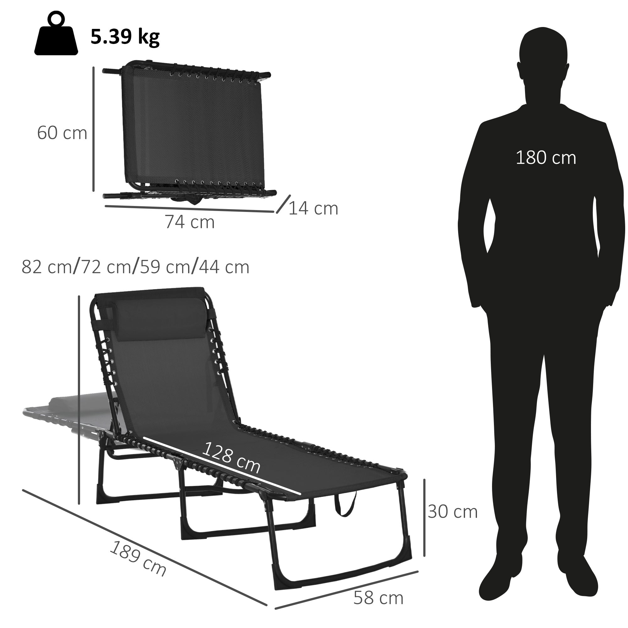 Outsunny Foldable Sun Lounger, Outdoor 4 Level Adjustable Backrest Reclining Chaise Chair, Steel Frame Recliner Chair for Camping, Hiking, Black - North Peak Garden Furniture
