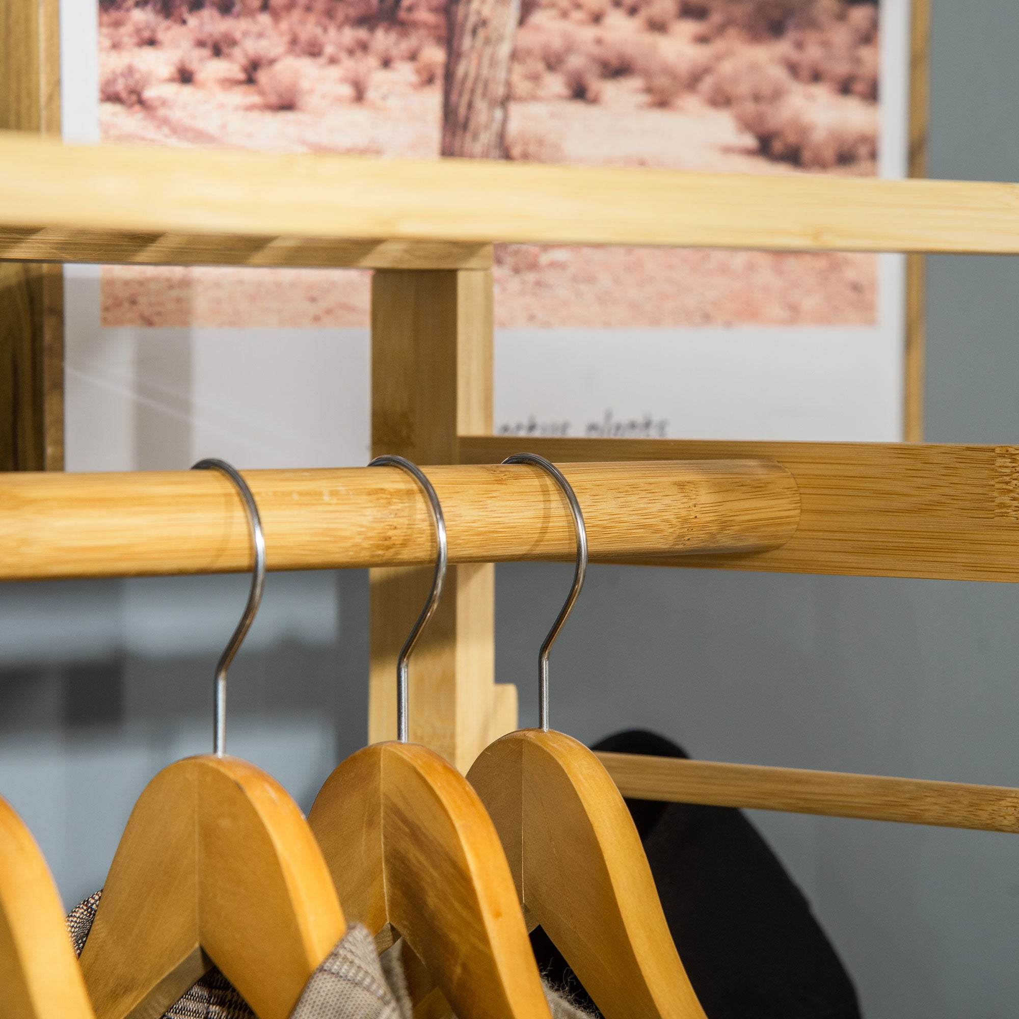 HOMCOM Bamboo Garment Rack, Clothes Rack with Storage Shelf, Hanging Rail and Side Hooks for Entryway, Bedroom, Bathroom and Office, Natural - North Peak Garden Furniture