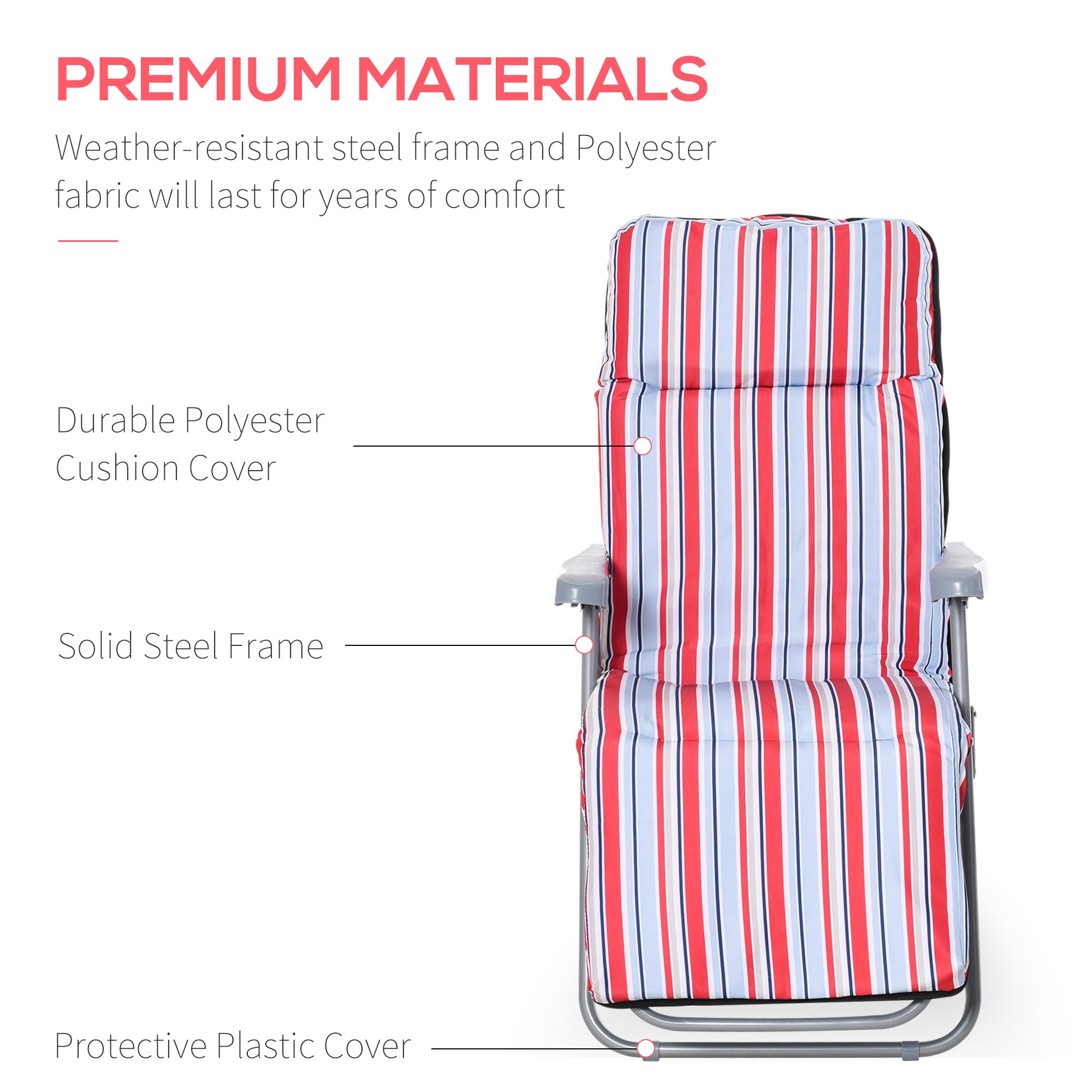 Outsunny Set of 2 Garden Sun Lounger Outdoor Reclining Seat Cushioned Seat Foldable Adjustable Recliner Red and White - North Peak Garden Furniture