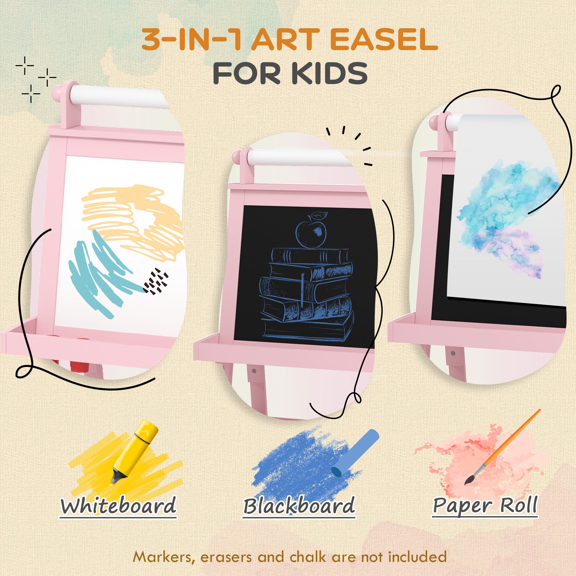 AIYAPLAY 3 in 1 Kids Easel Double-Sided Magnetic Whiteboard and Chalkboard with Paper Roll, Storage Baskets - Pink - North Peak Garden Furniture