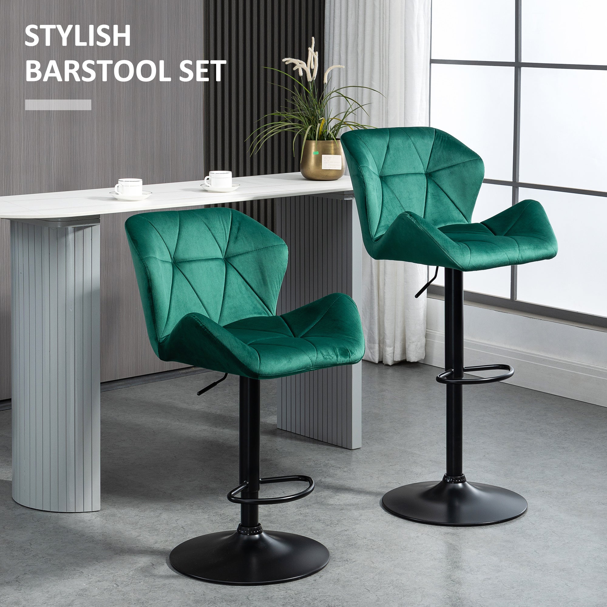 HOMCOM Bar Stools Set Of 2, Luxurious Velvet-Touch Barstools with Metal Frame Footrest Round Base Triangle Indenting Moulded Seat Adjustable Height Swivel Green - North Peak Garden Furniture