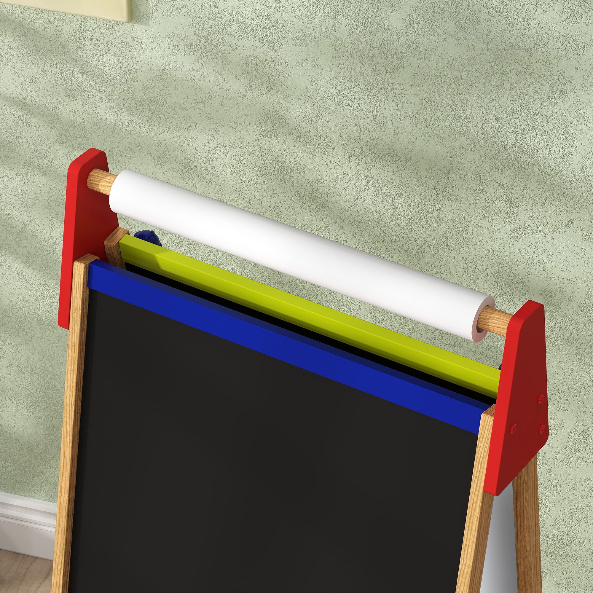 AIYAPLAY 3 in 1 Wooden Kids Easel with Paper Roll, Whiteboard & Chalkboard, Painting Accessories