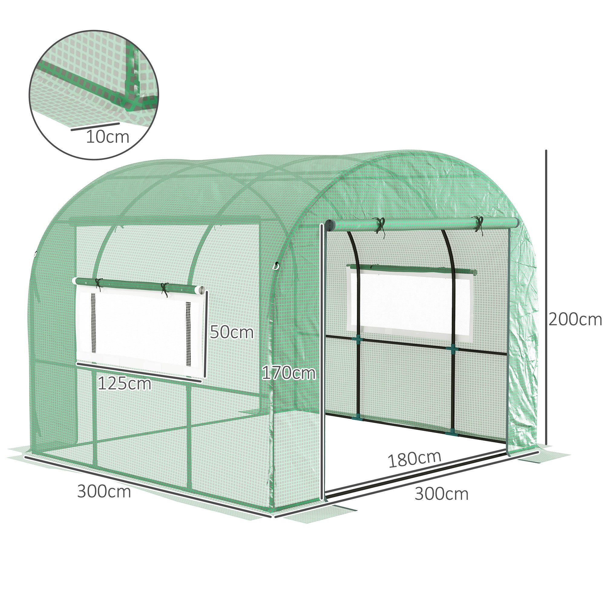 Outsunny 300 x 300cm Walk-In Polytunnel Greenhouse - Green