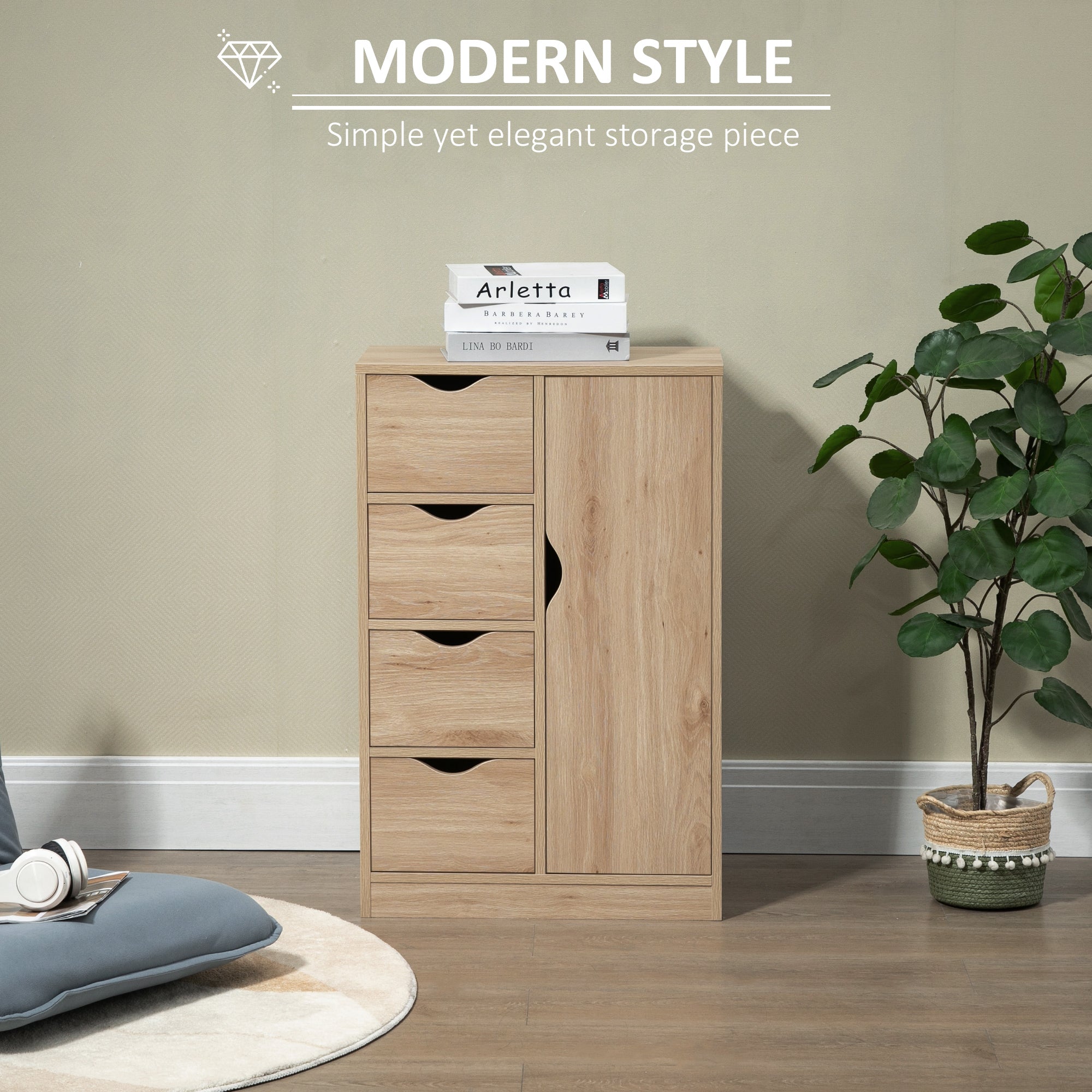 HOMCOM Bathroom Cabinet, Freestanding Storage Cabinet with 4 Drawers, Door Cupboard for Living Room, Kitchen, Bedroom, Natural - North Peak Garden Furniture