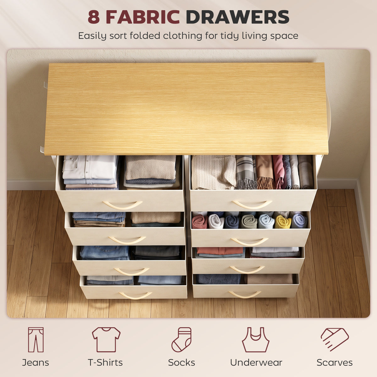 HOMCOM Chest of Drawers, Dresser with 8 Fabric Drawers, Tall Storage Unit with 4 Pockets and 2 Hooks Steel Frame, Beige