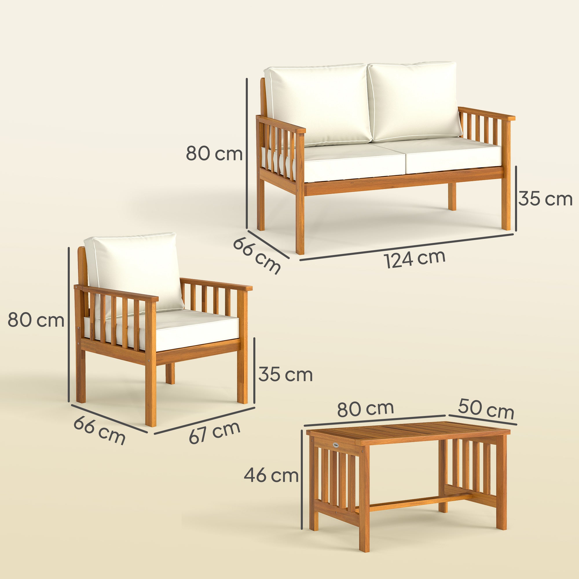Outsunny Four-Piece Acacia Wood Garden Sofa Set - Teak/Cream - North Peak Garden Furniture