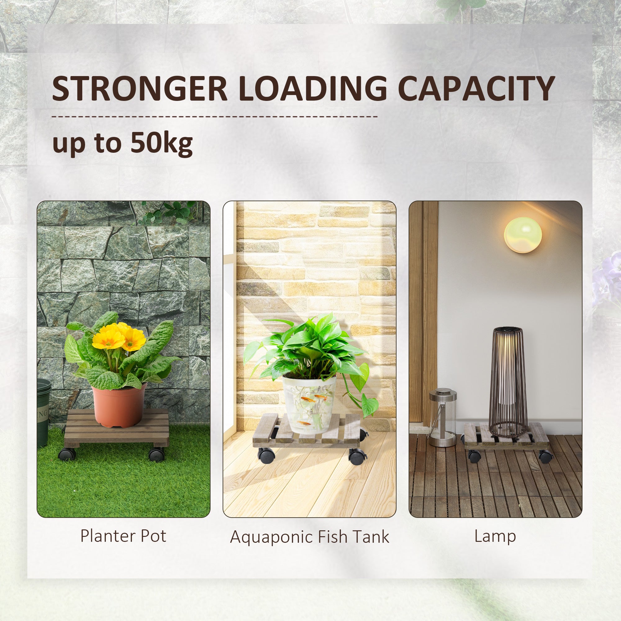 Outsunny 30L x 30W x 7Hcm 2 Pack Plant Stand with Wheels, Flowerpot Holder, Wooden Flower Display Stand for Indoor Outdoor Living Room Entryway - North Peak Garden Furniture
