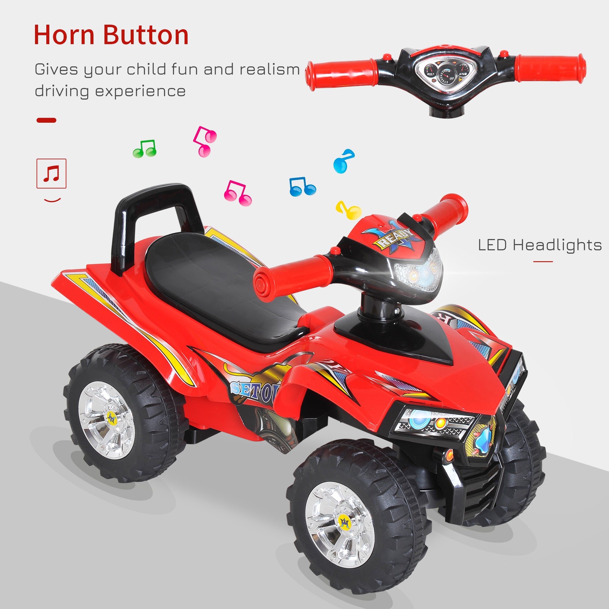 HOMCOM Kids Children Ride-on Toy Off Road Style Quad Bike Racing Car NO POWER 4 Wheels Horn Music Red - North Peak Garden Furniture