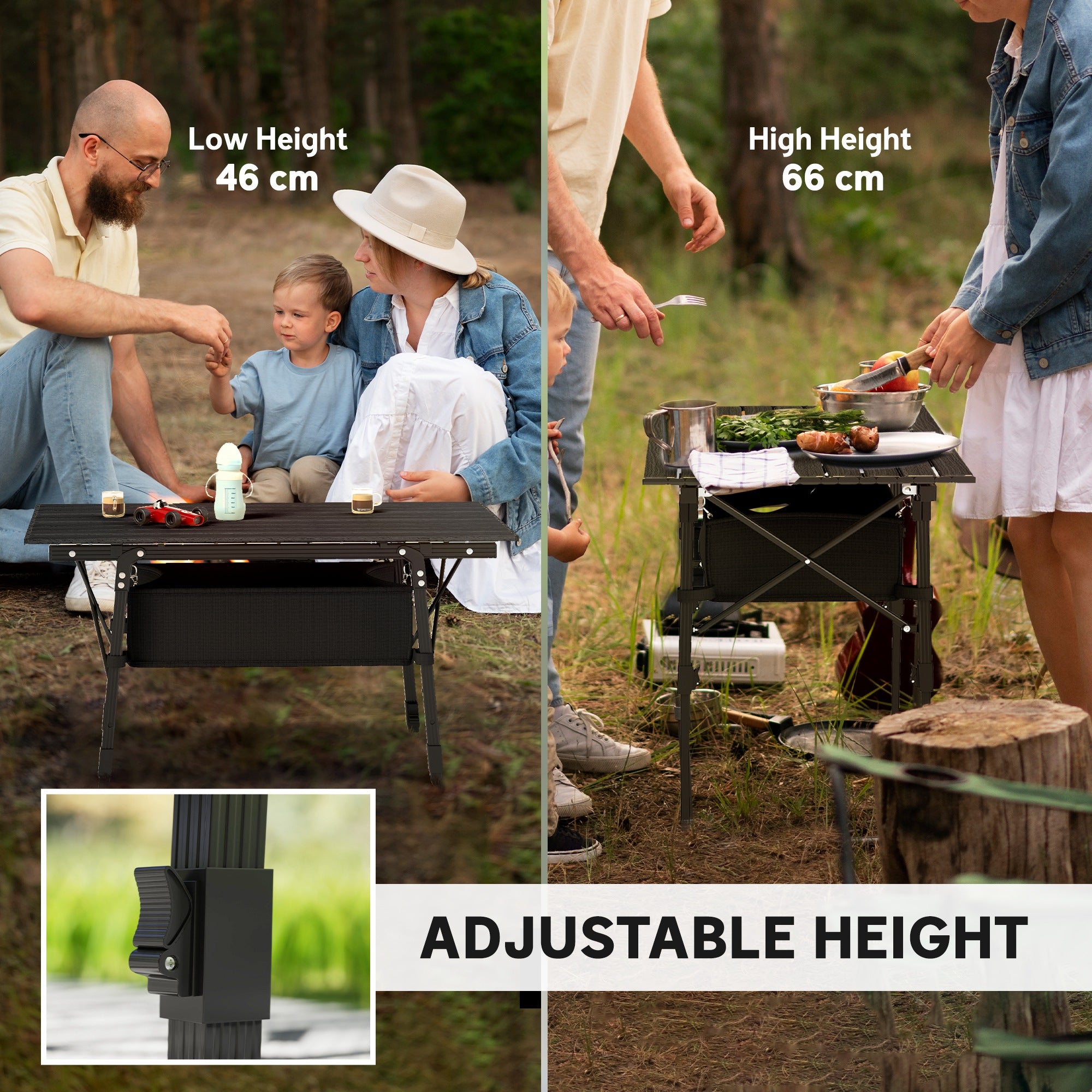 Outsunny Folding Camping Table, 90 x 55 cm Height Adjustable Portable Collapsible Table, 3ft Lightweight Aluminium Rollup Picnic Table with Storage Basket for Outdoor Garden Party BBQ, Black - North Peak Garden Furniture
