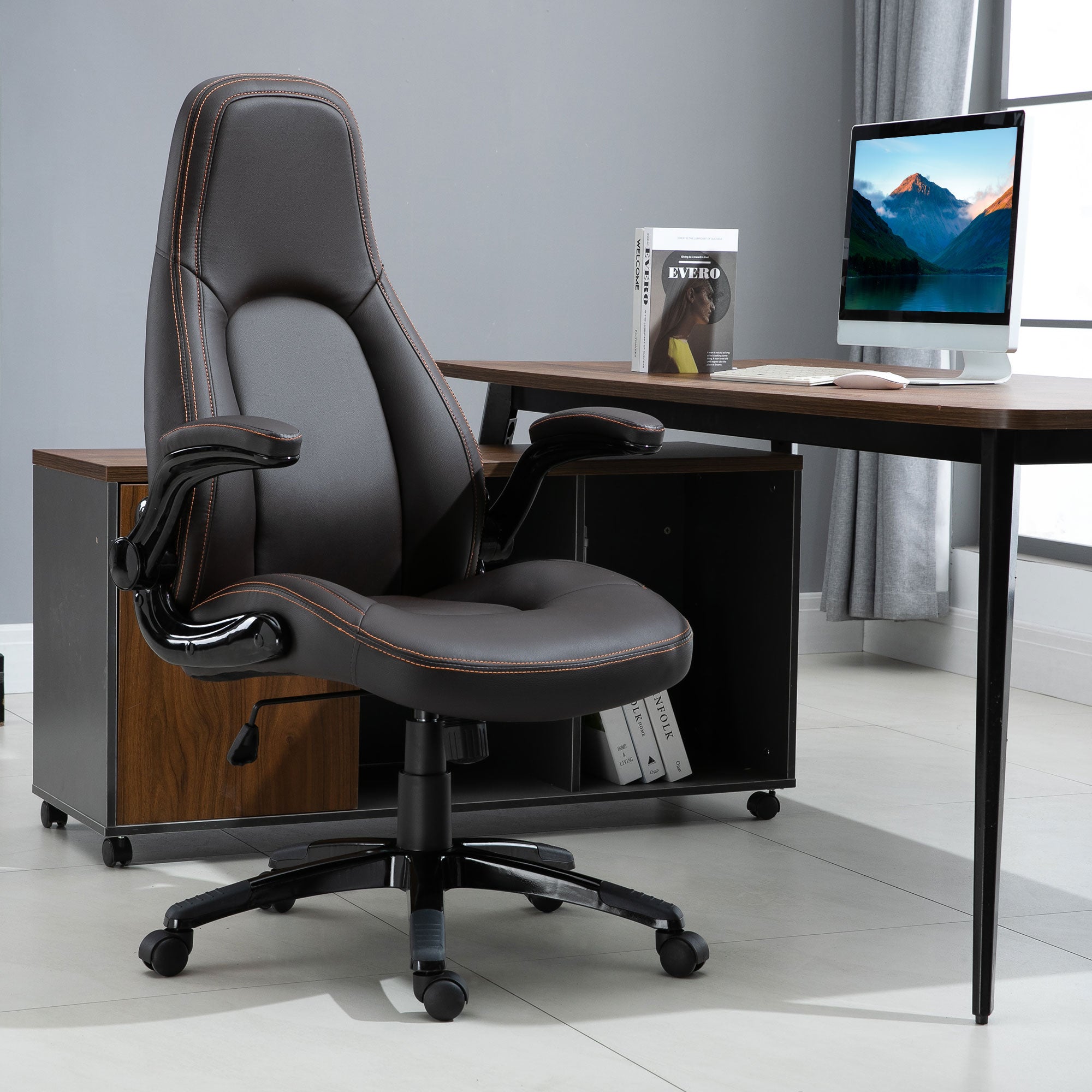 Vinsetto Computer Gaming Chair, PU Leather Office Chair, Swivel Desk Chair with Adjustable Arms and Height, Padded Armrest and Seat, Rolling Wheels, Coffee - North Peak Garden Furniture
