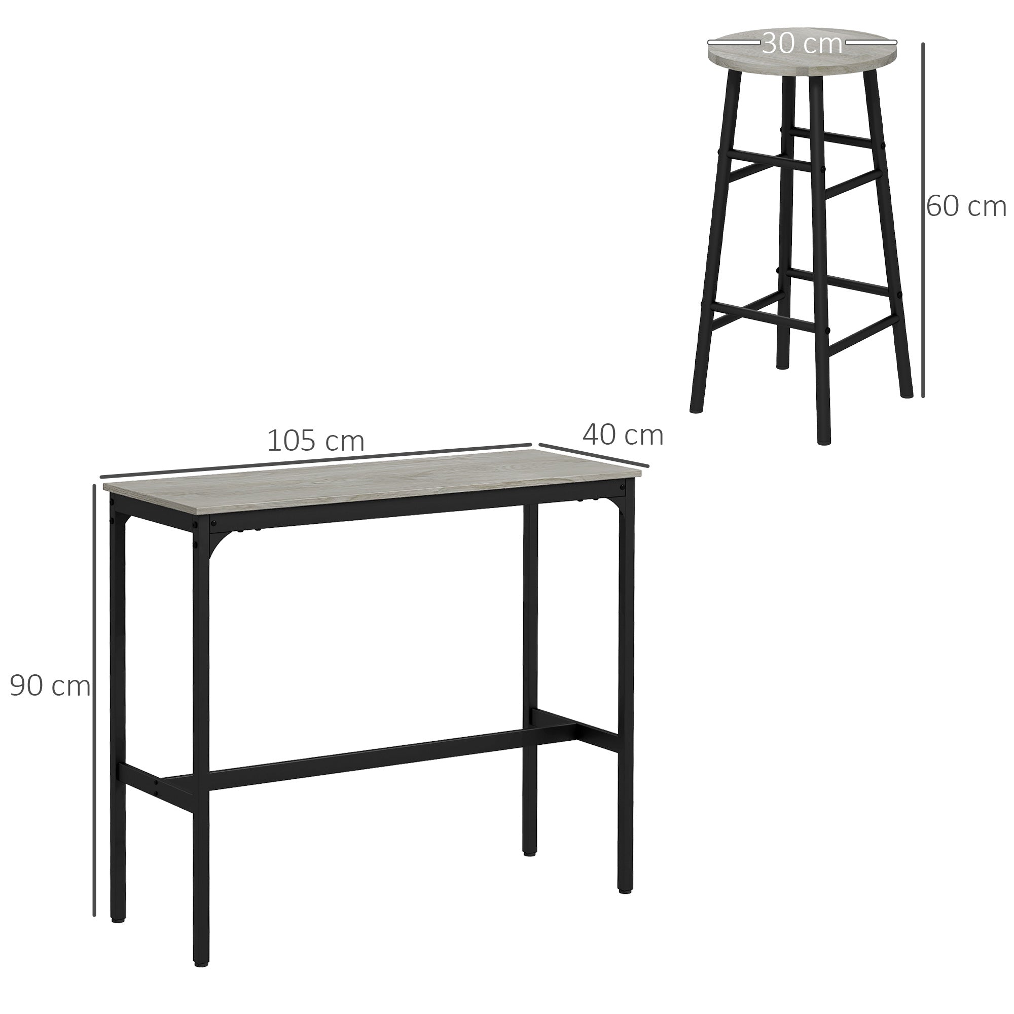 HOMCOM 3 Piece Bar Table Set with 2 Stools, Industrial Bar Table and Stool Set, Dining Table and Chair Set, Grey - North Peak Garden Furniture