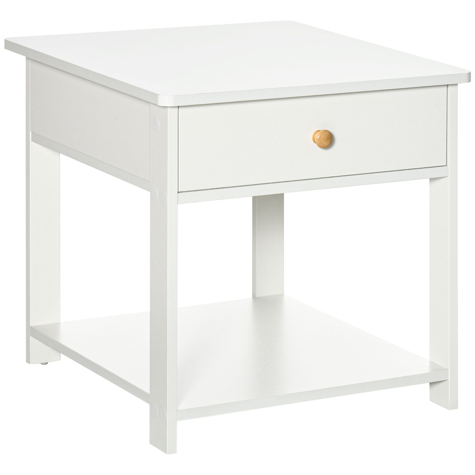 HOMCOM Bedside Table with Drawer and Bottom Shelf, Square Side End Table for Bedroom, Living Room, White - North Peak Garden Furniture