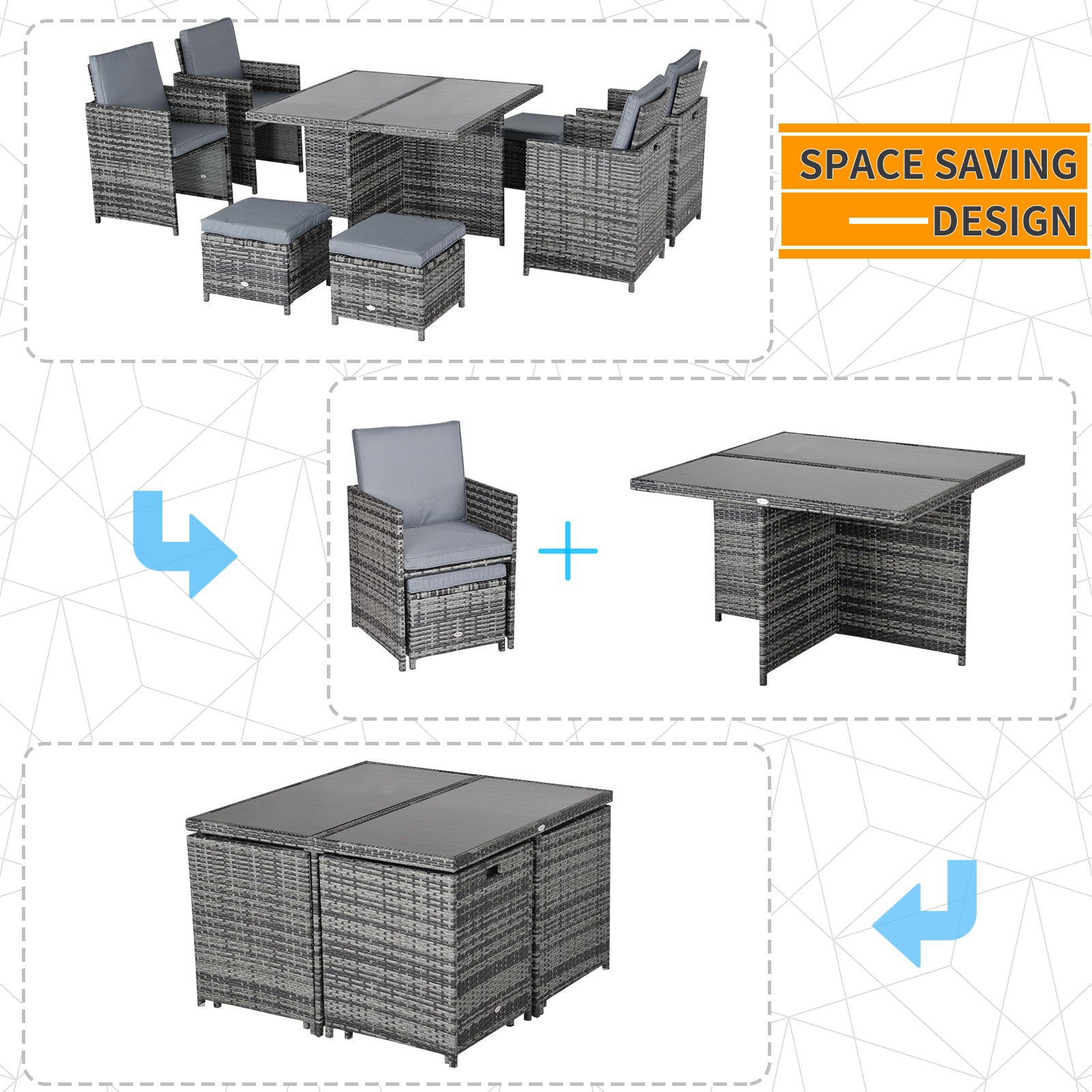 Outsunny 8-Seater Rattan Dining Set Garden Furniture Cushion Seat Woven Rattan Grey - North Peak Garden Furniture