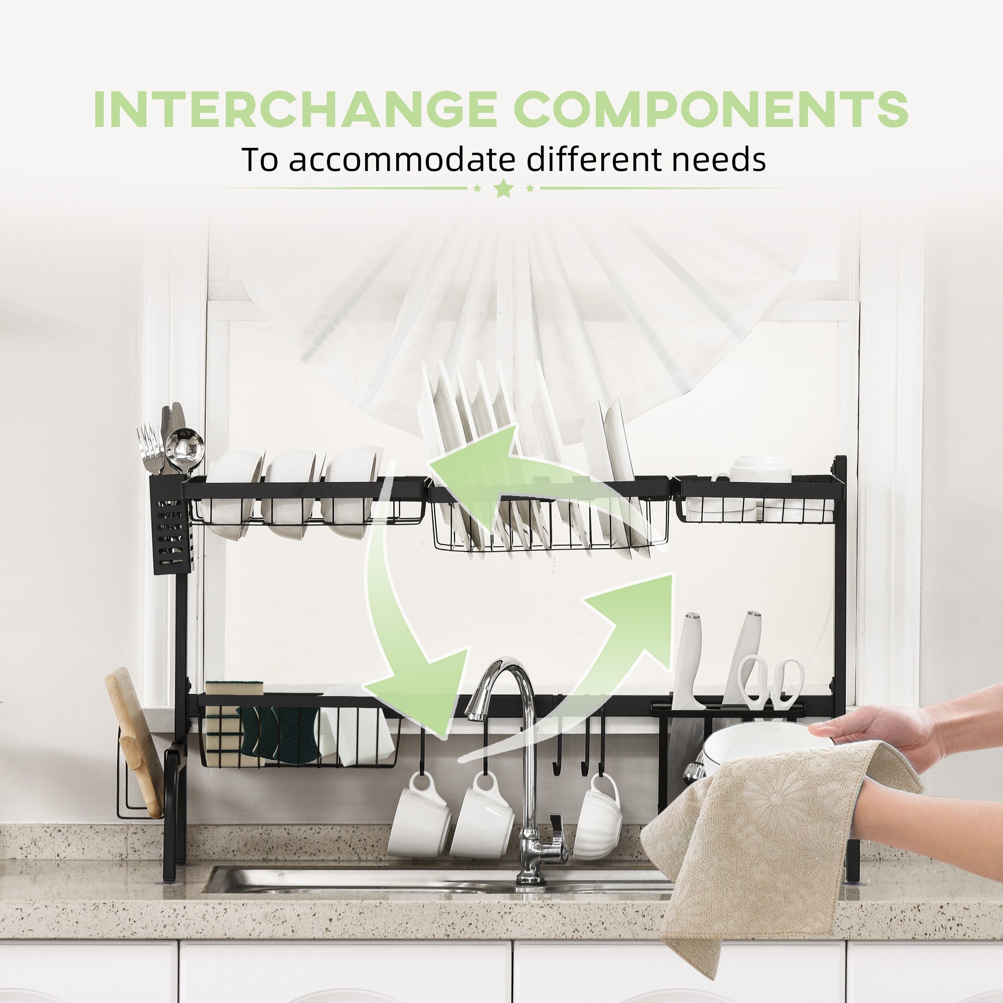 HOMCOM Space Saving 2 Tier Adjustable Dish Drainer Over The Sink Dish Drying Rack, Black - North Peak Garden Furniture