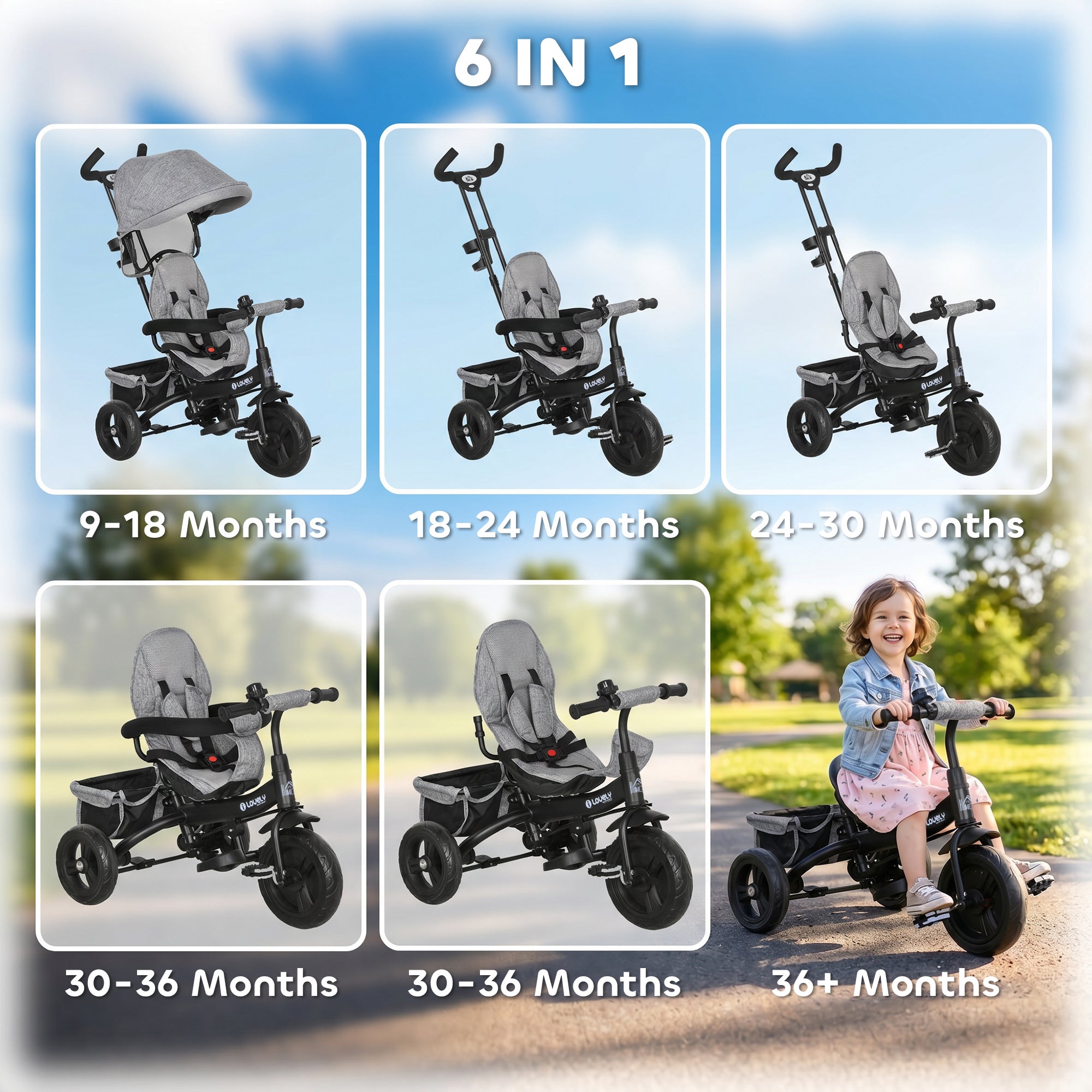 HOMCOM 6 in 1 Kids Trike Push Bike w/ Push Handle, Canopy, 5-point Safety Belt, Storage, Footrest, Brake, for 1-5 Years, Grey