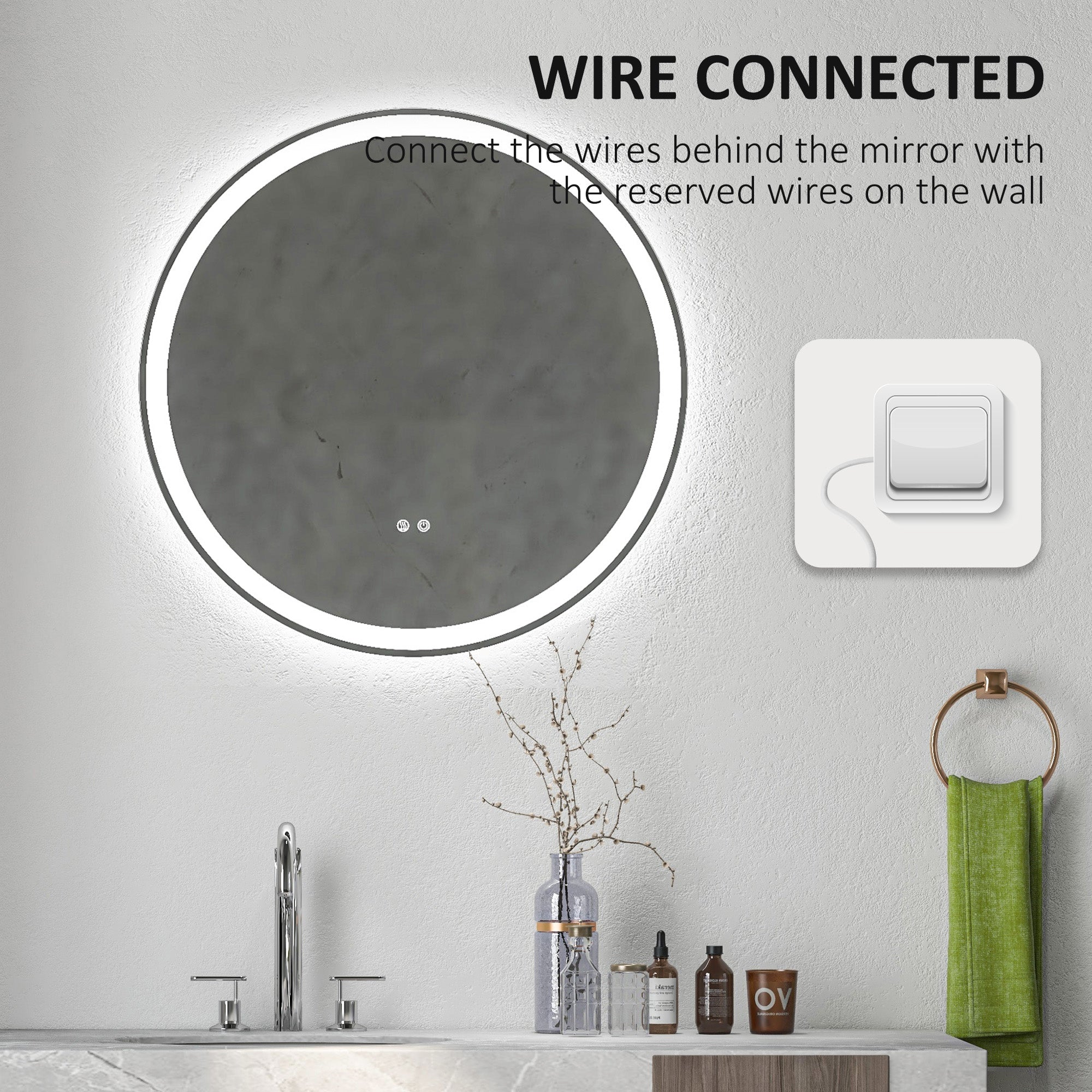 kleankin Round Bathroom Mirror with LED Lights, Wall Mount Dimmable Makeup Mirror with 3 Temperature Colours, Defogging Film and Memory Function, Frameless, Hardwired, 60 x 60 cm