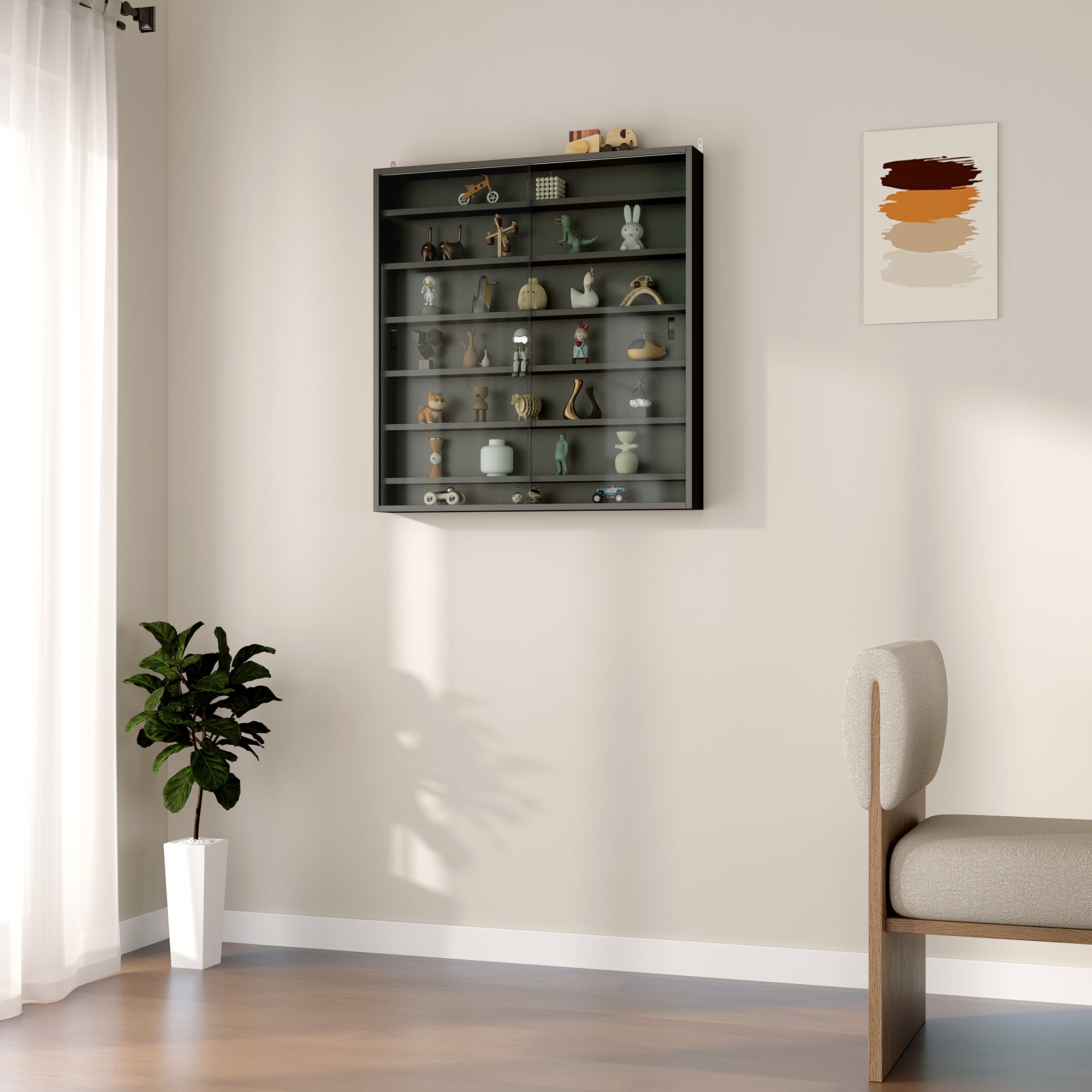 HOMCOM 7-Tier Wall Display Shelf Unit Cabinet w/ 6 Adjustable Shelves Glass Doors Home Office Ornaments 83x80cm, Black - North Peak Garden Furniture