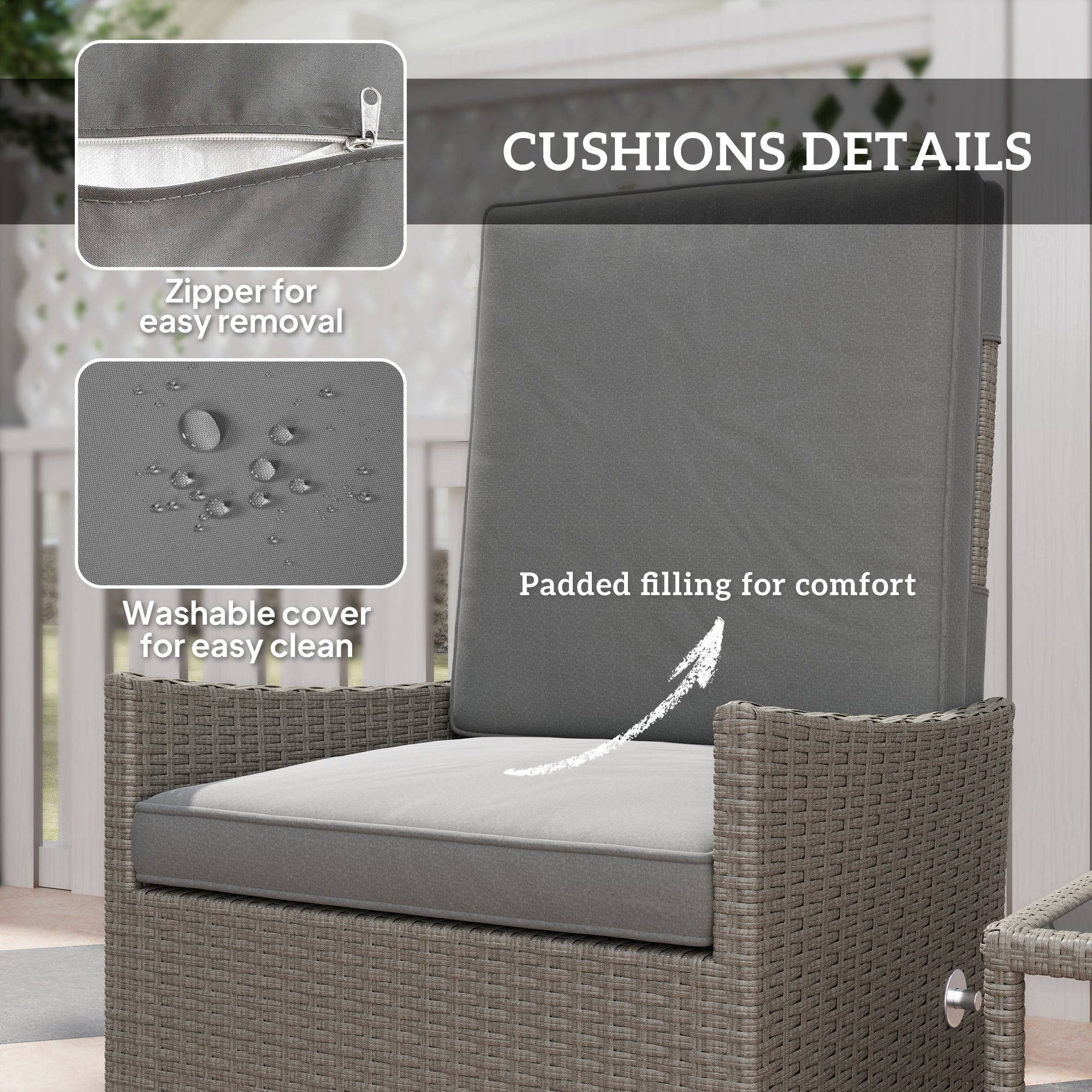 Outsunny 5 Piece Rattan Garden Furniture Set, Wicker Patio Sofa Set with 2 Armchairs, 2 Footstools, Glass Top Coffee Table with Shelf, Outdoor Furniture with Adjustable Backrests, Cushions, Dark Grey - North Peak Garden Furniture