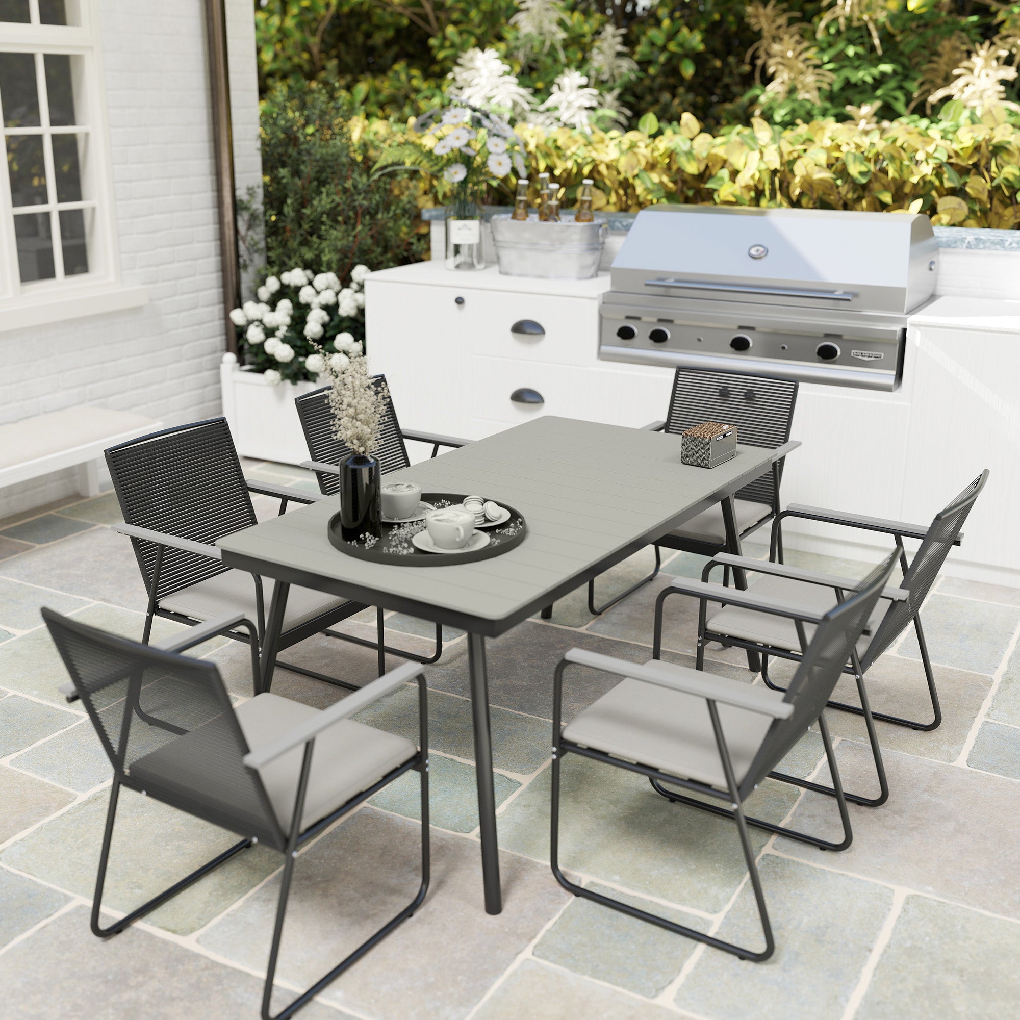 Outsunny 6 Seater Garden Dining Set with Soft Cushions, Rattan Backrest, Rectangular Plastic Top, Garden Furniture Set, Outdoor Dining Table and Chairs for Patio, Balcony, Poolside, Grey - North Peak Garden Furniture