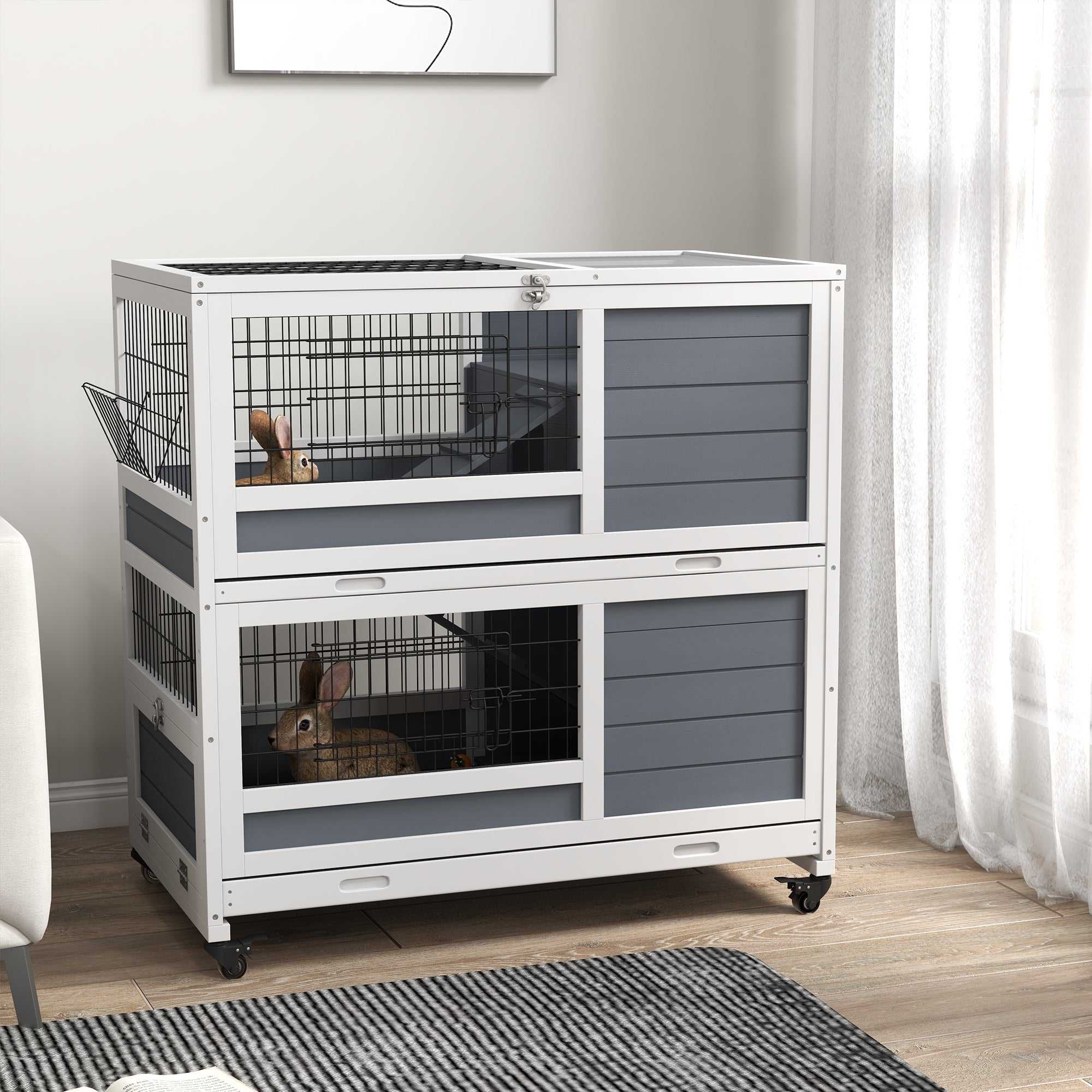 PawHut Double Deckers Guinea Pig Cage, Indoor Rabbit Hutch with Feeding Trough, Trays, Ramps, Openable Top - Grey - North Peak Garden Furniture