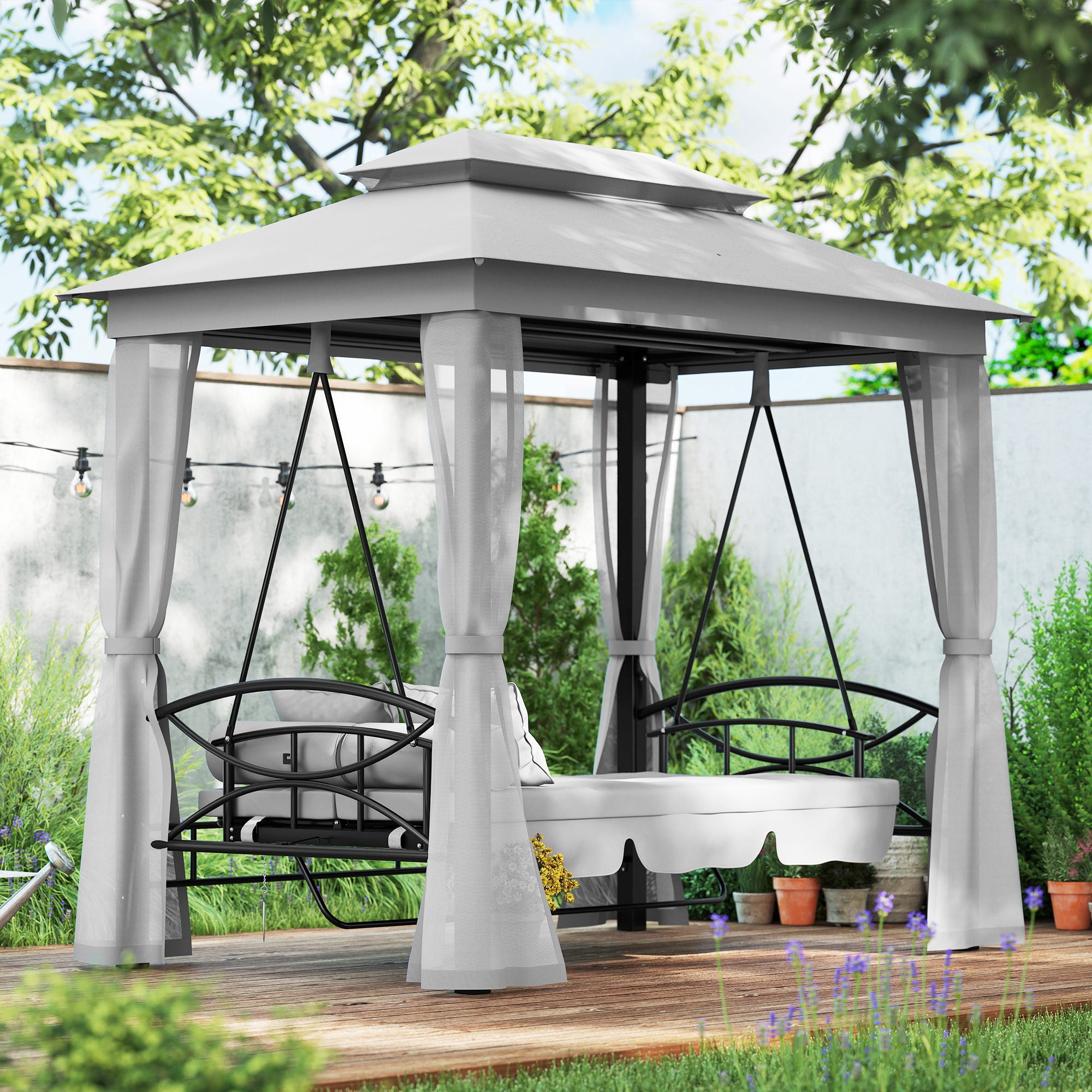 Outsunny 3 Seater Convertible Swing Chair, Outdoor Gazebo Swing Seat Bed with Double Tier Canopy, Cushioned Seat, Mesh Sidewalls, Light Grey