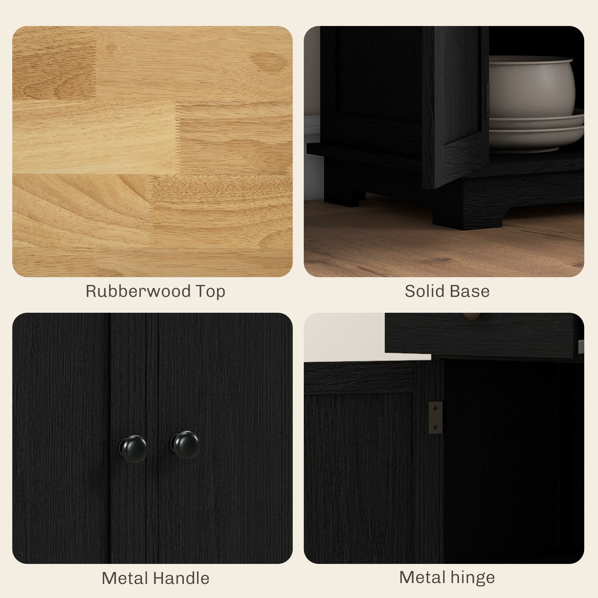 HOMCOM Sideboard with Rubberwood Top and Adjustable Shelves for Dining Room, Kitchen - Black Wood-Effect - North Peak Garden Furniture