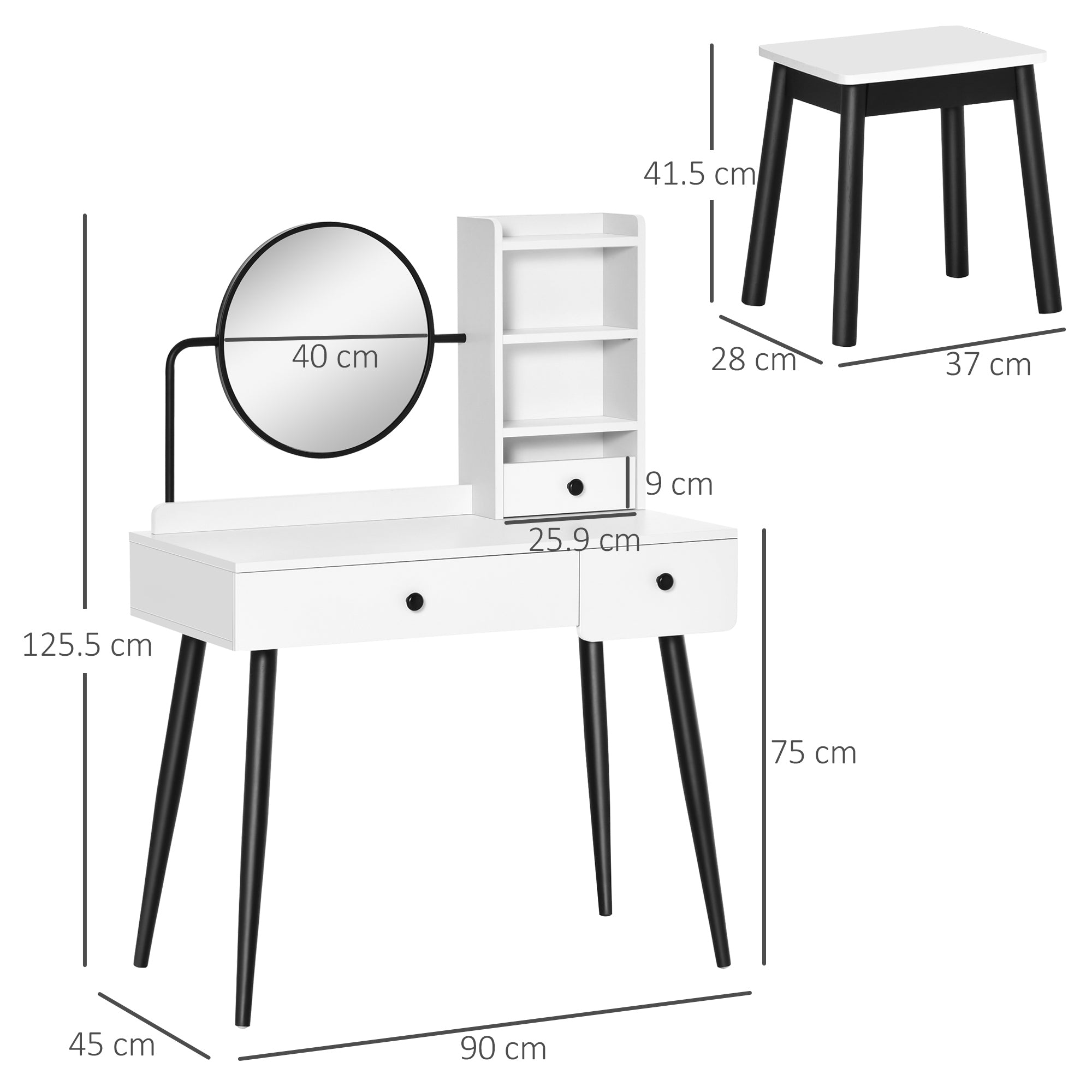 HOMCOM Dressing Table Set with Mirror and Stool, Vanity Makeup Table with 3 Drawers and Open Shelves for Bedroom, Living Room, White - North Peak Garden Furniture
