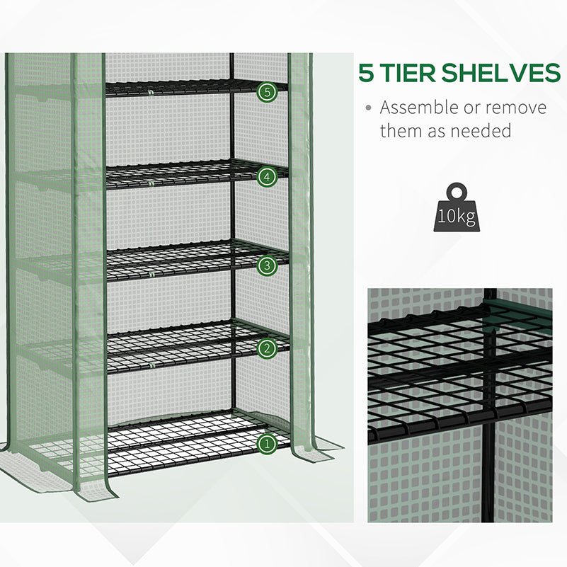 Outsunny 5 Tier Widened Mini Greenhouse with Reinforced PE Cover, Portable Indoor Outdoor Green House with Roll-up Door and Wire Shelves, 193H x 90W x 49Dcm, Green - North Peak Garden Furniture