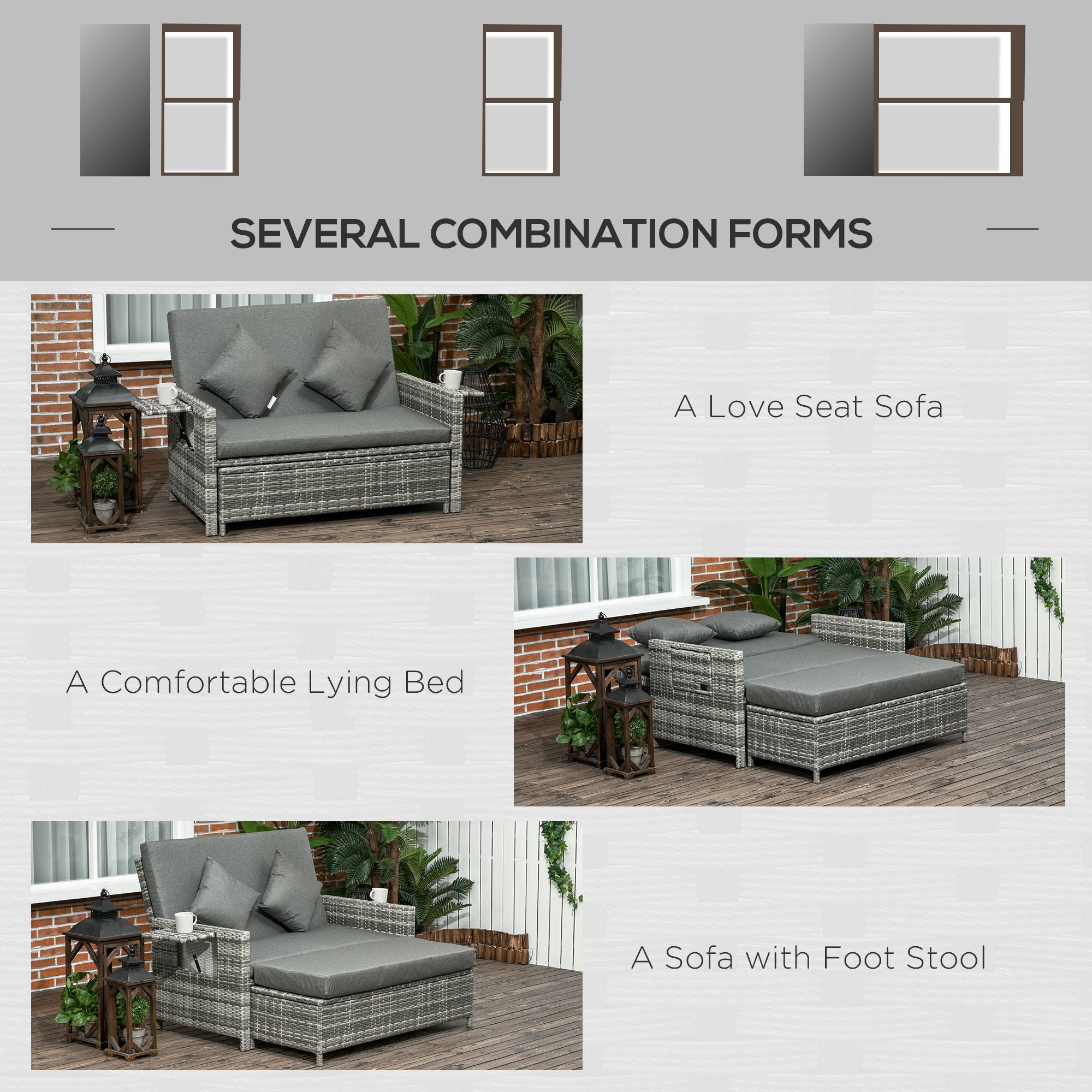 Outsunny 2 Seater Assembled Garden Patio Outdoor Rattan Furniture Sofa Sun Lounger Daybed with Fire Retardant Sponge - Grey - North Peak Garden Furniture