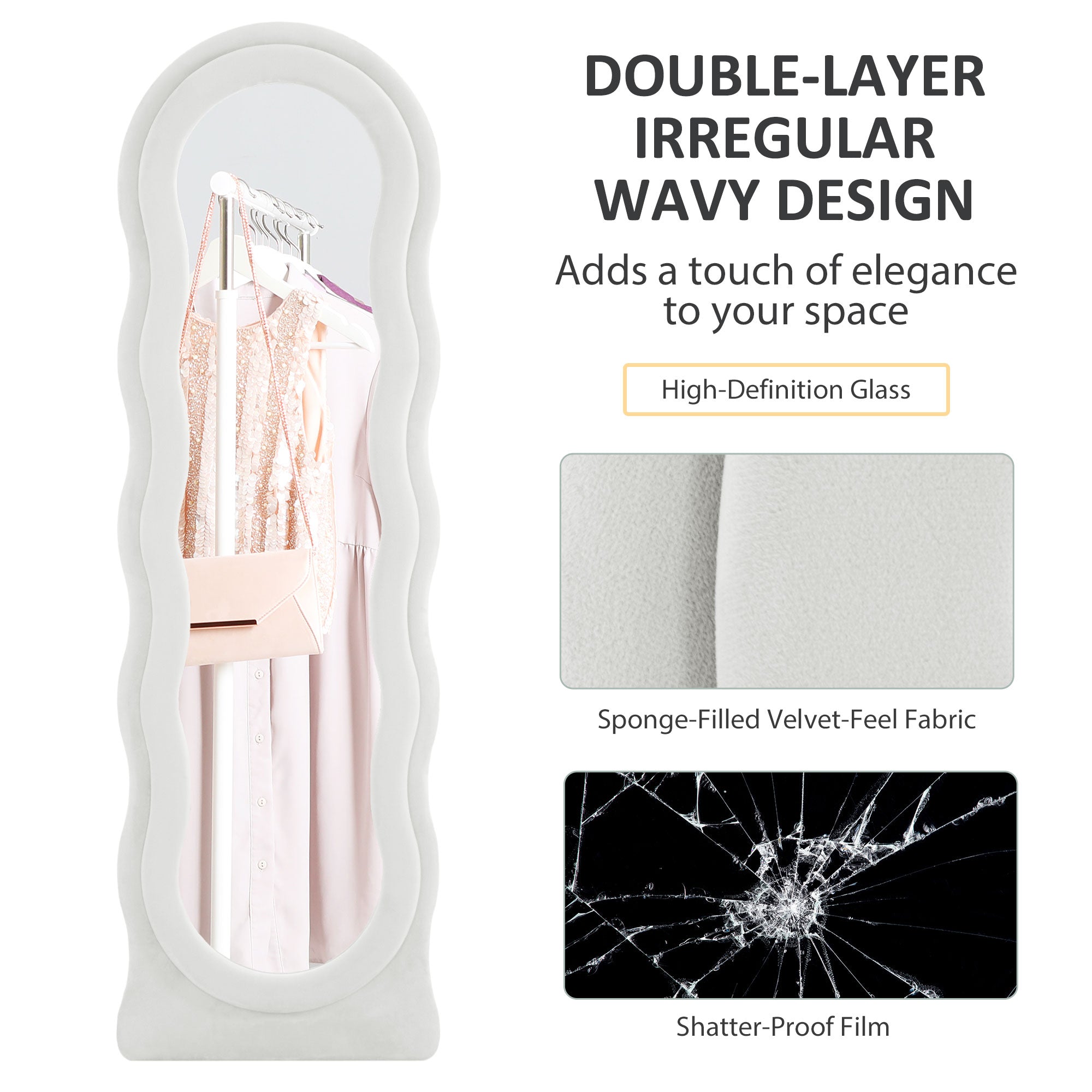 HOMCOM Wavy Velvet-Feel Full Length Mirror - White - North Peak Garden Furniture
