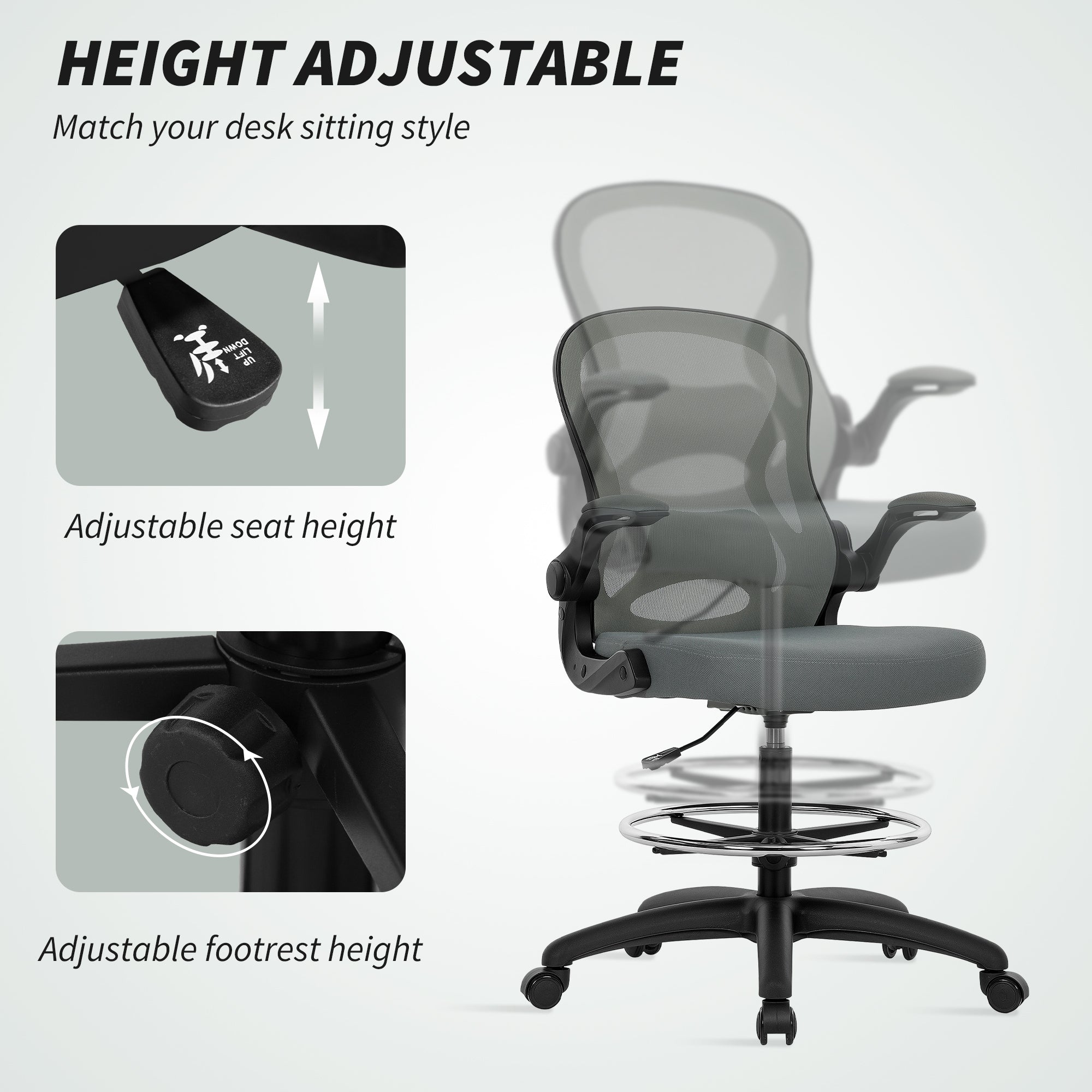 Vinsetto Draughtsman Chair with Flip-up Armrests, Mesh Standing Desk Chair with Lumbar Support and Adjustable Foot Ring for Bar Counter, Charcoal Grey